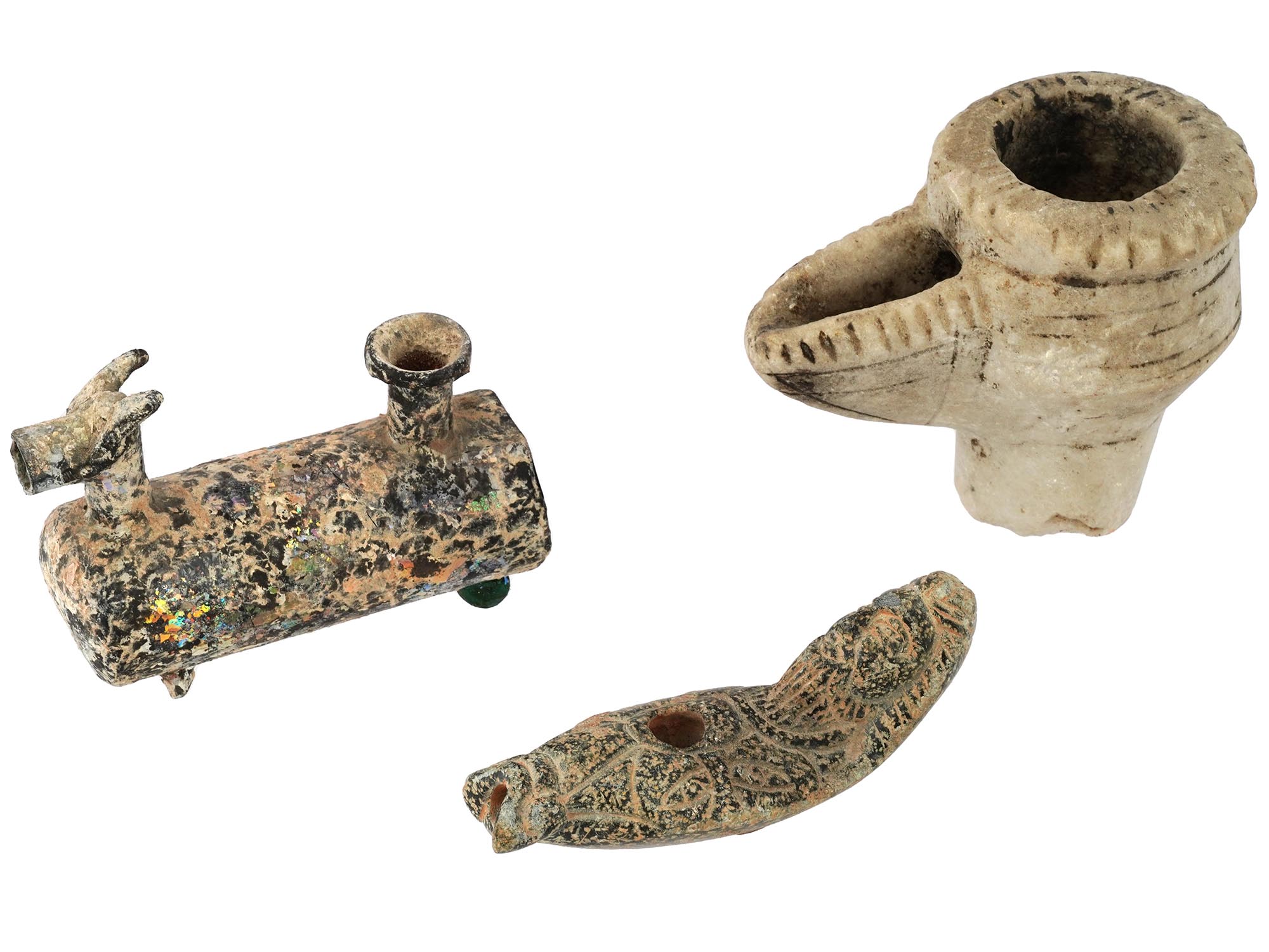 ANCIENT BYZANTINE ARTIFACTS OIL LAMPS AND CONTAINER PIC-0