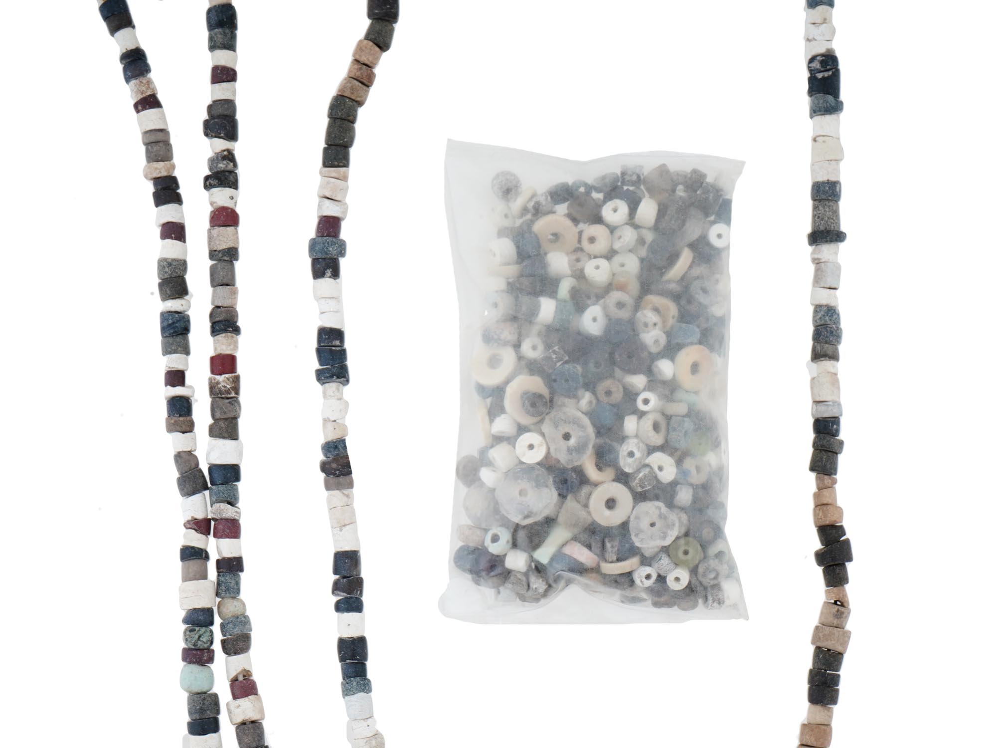 ANCIENT CARVED STONE BEAD NECKLACES AND BAG WITH BEADS PIC-4