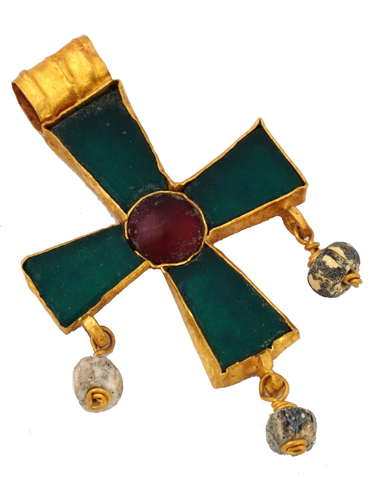 ANCIENT BYZANTINE GOLD GLASS GARNET CROSS WITH BEADS PIC-2