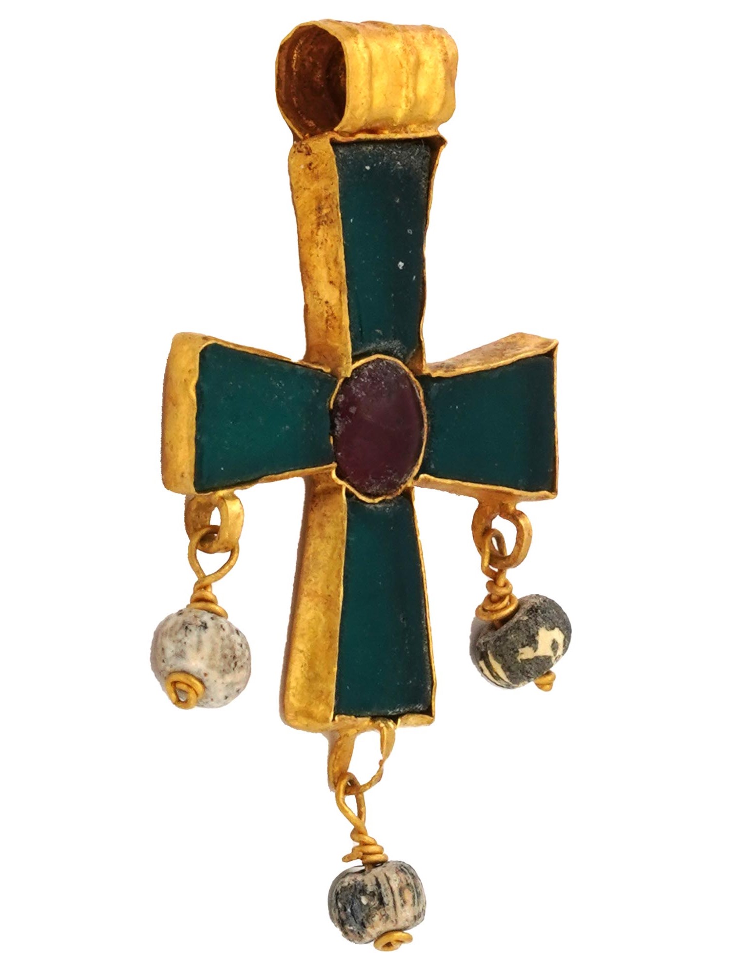 ANCIENT BYZANTINE GOLD GLASS GARNET CROSS WITH BEADS PIC-3