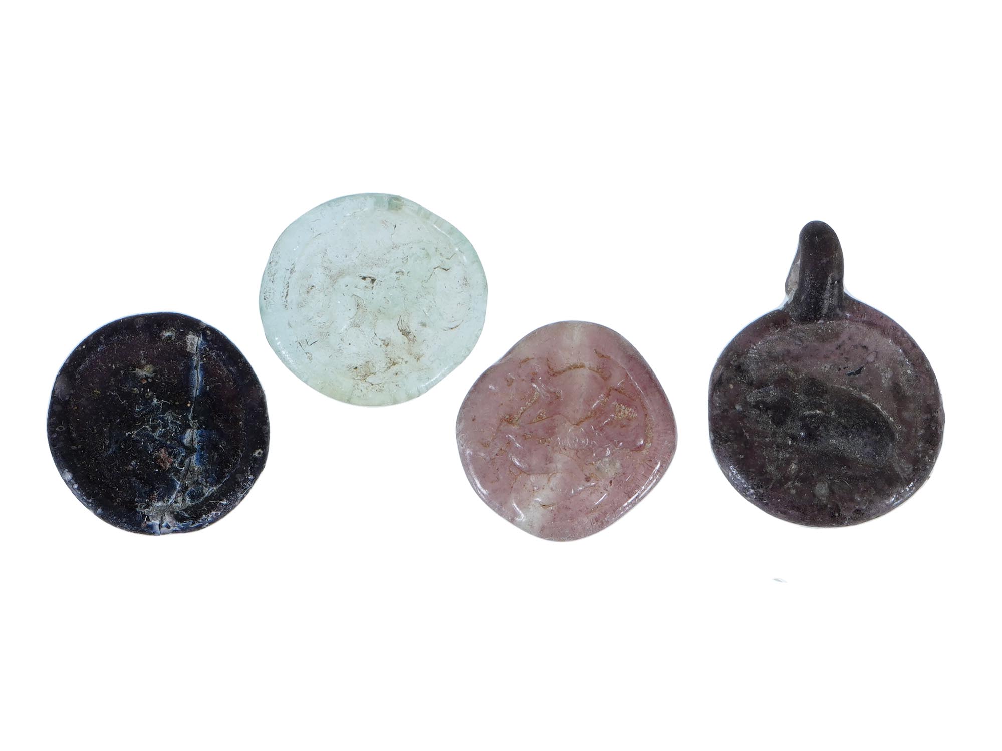 FOUR ANCIENT ROMAN MULTICOLOR GLASS TOKENS WITH IMAGES PIC-0