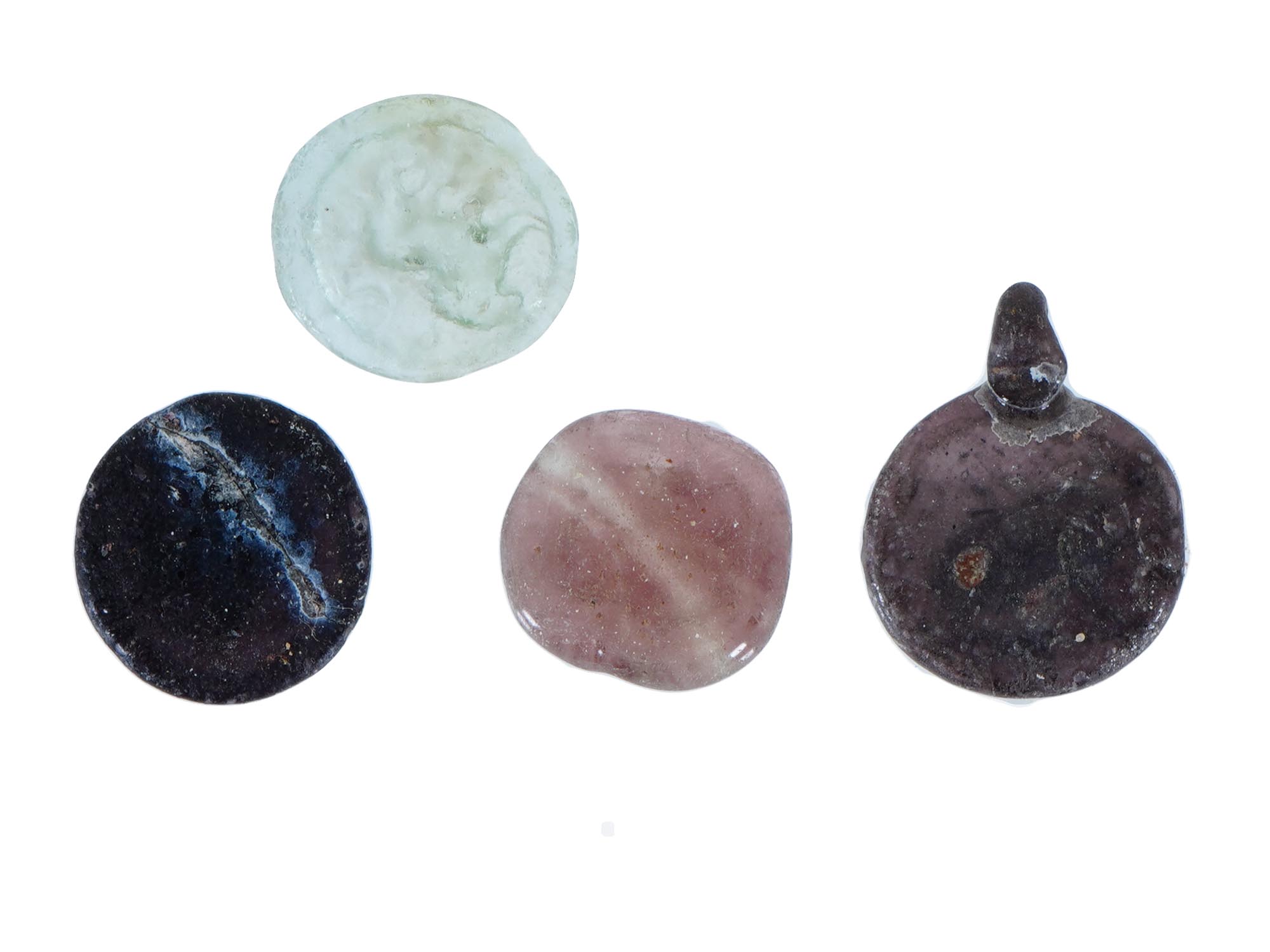 FOUR ANCIENT ROMAN MULTICOLOR GLASS TOKENS WITH IMAGES PIC-1