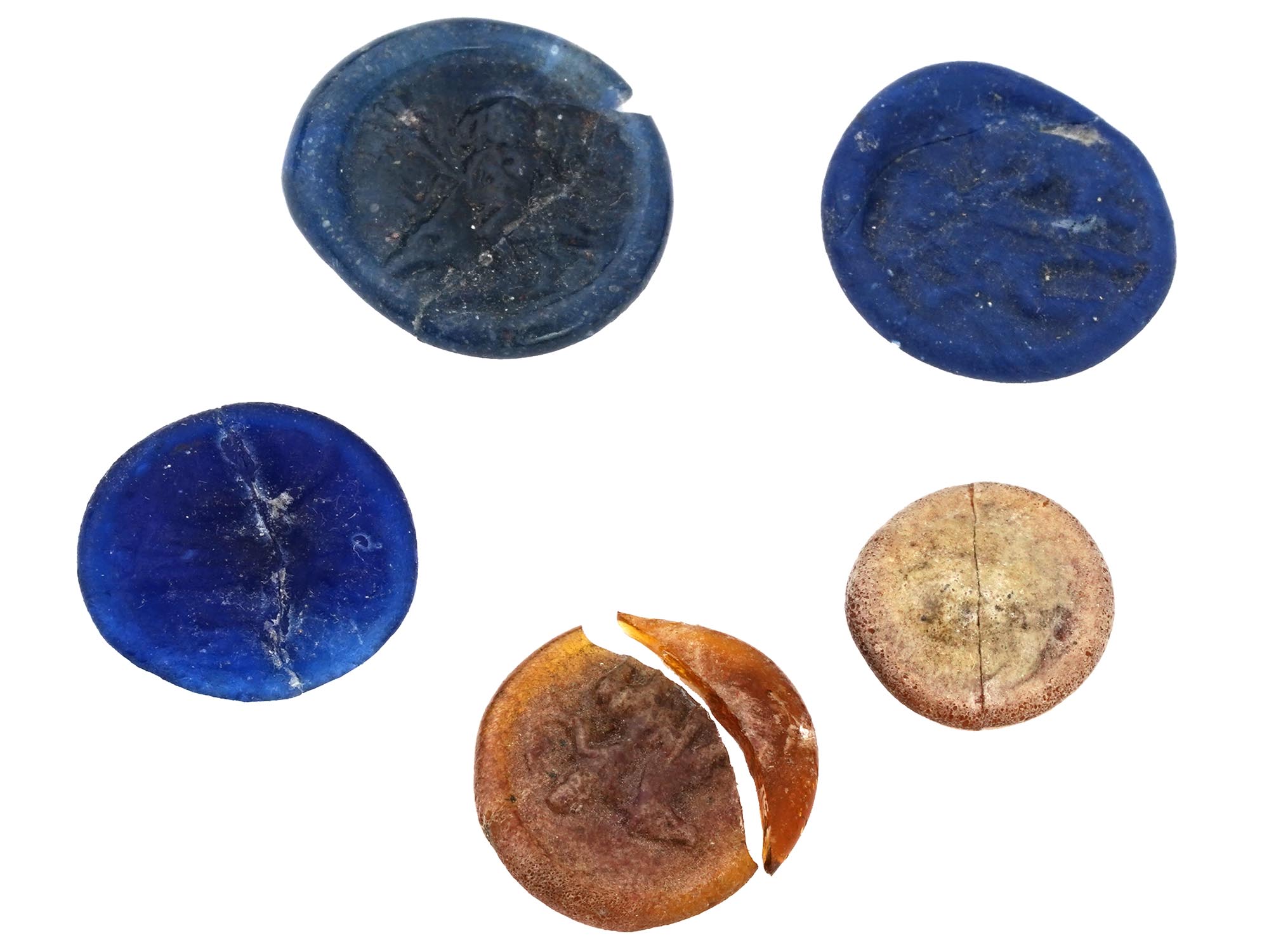 FIVE ANCIENT ROMAN MULTICOLOR GLASS TOKENS WITH IMAGES PIC-0