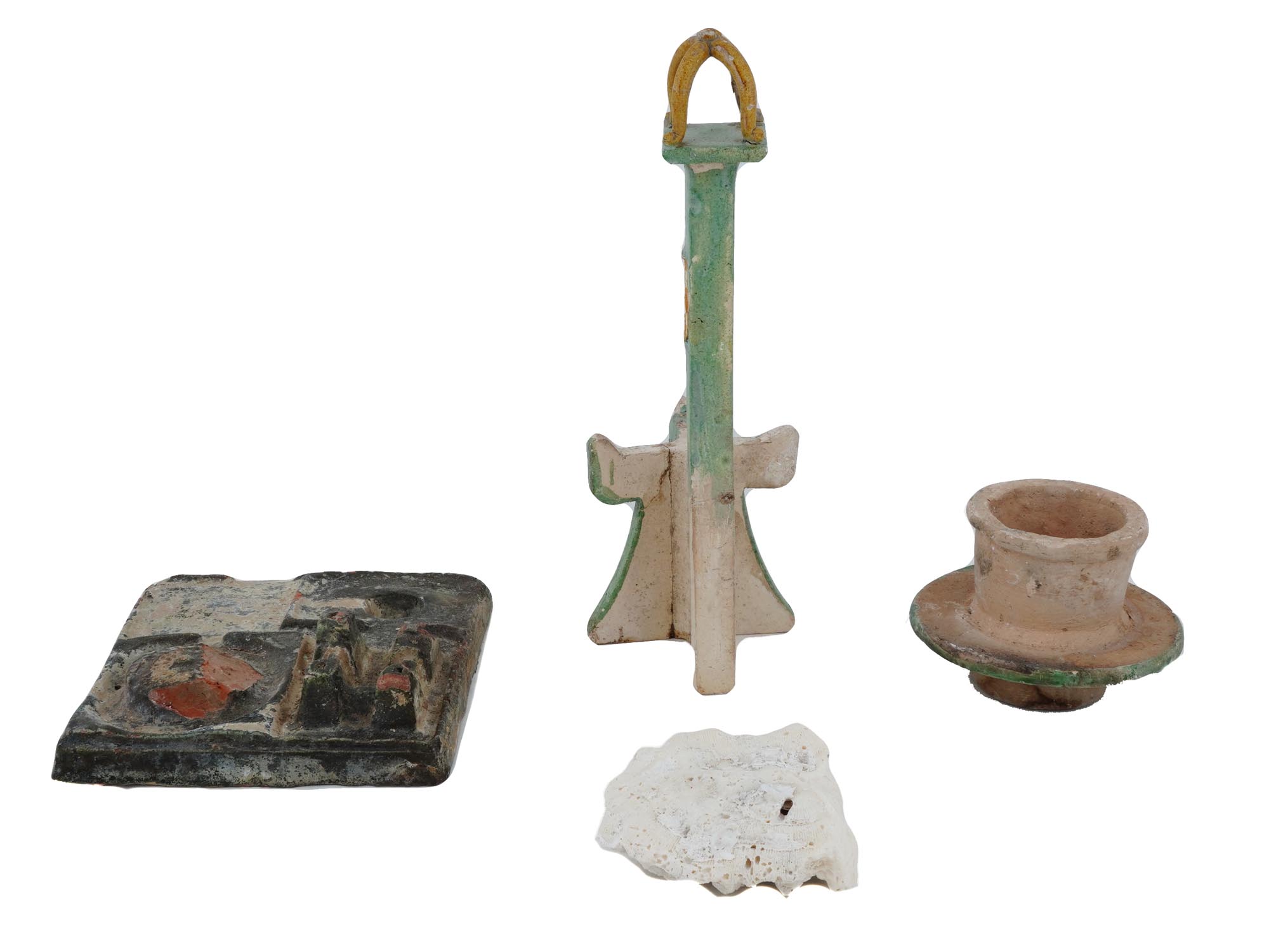 GROUP OF DIVERSE ANCIENT POTTERY ITEMS AND CORAL STONE PIC-1