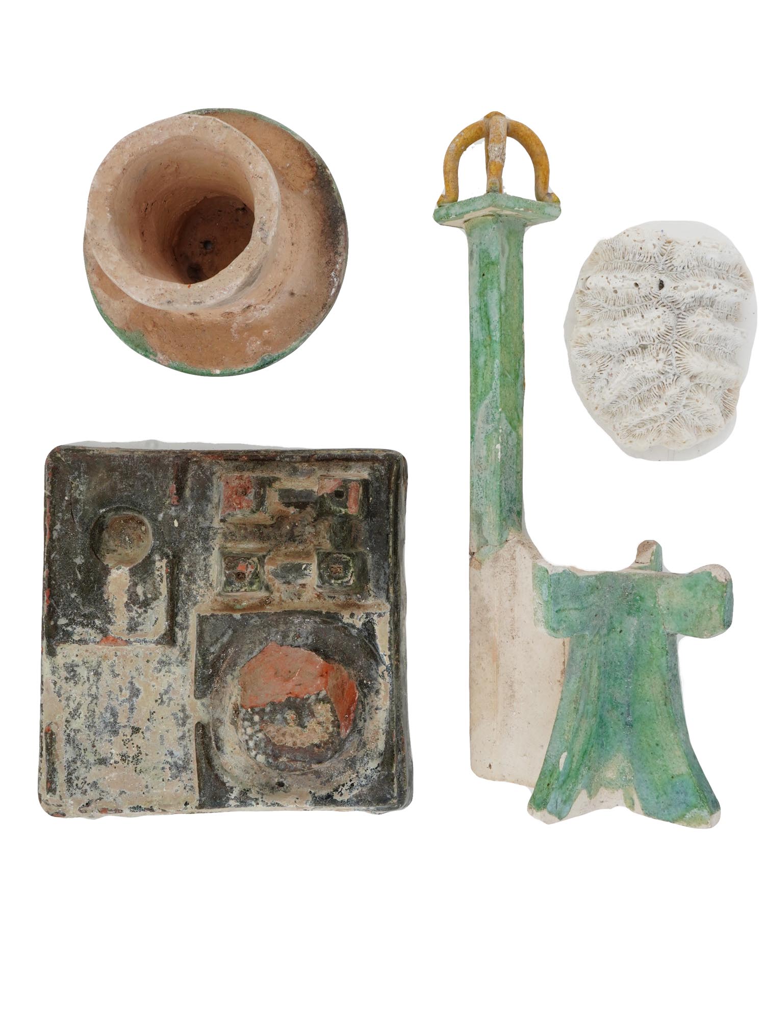 GROUP OF DIVERSE ANCIENT POTTERY ITEMS AND CORAL STONE PIC-2