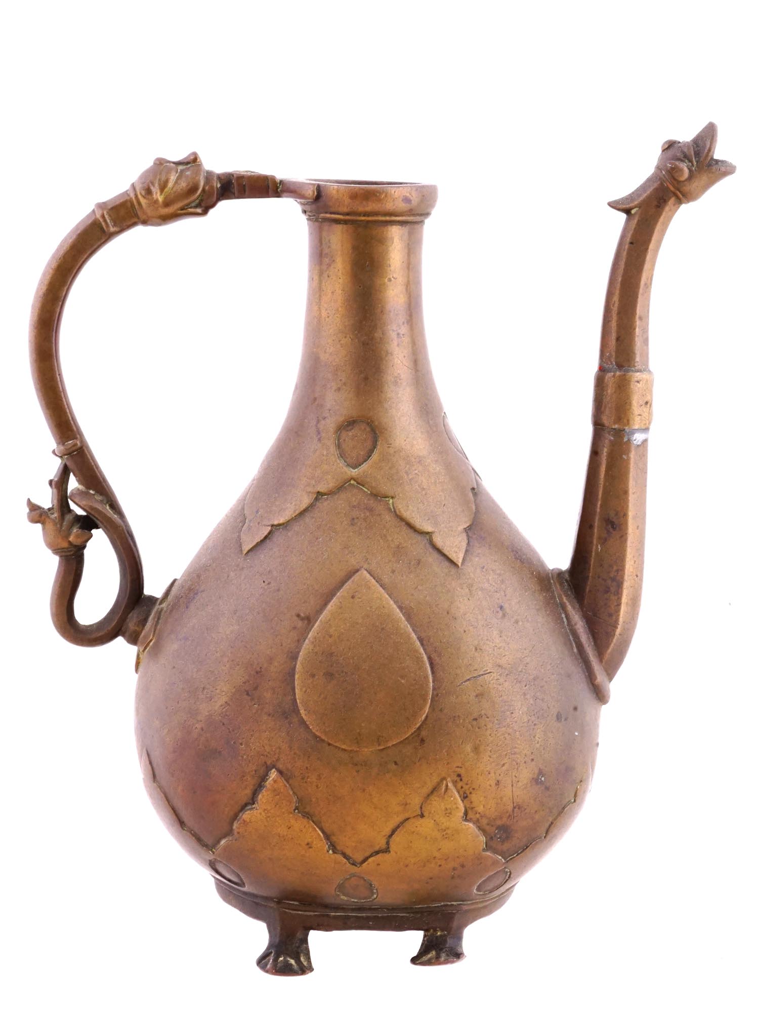 ANTIQUE 18TH INDIAN MUGHAL BRASS JUG W FIGURED HANDLE PIC-0