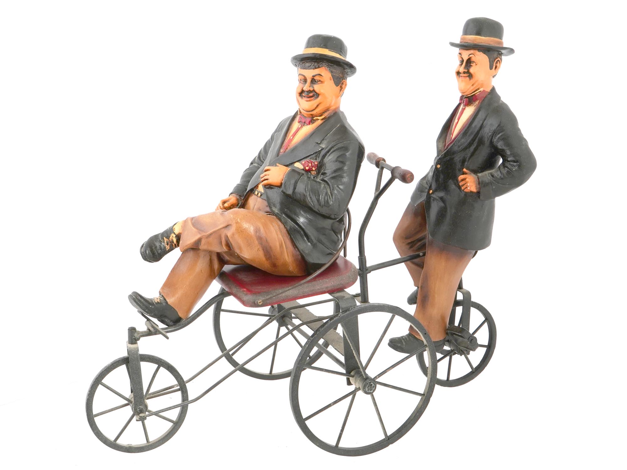 VINTAGE LAUREL AND HARDY FIGURINES ON A TANDEM BIKE PIC-0