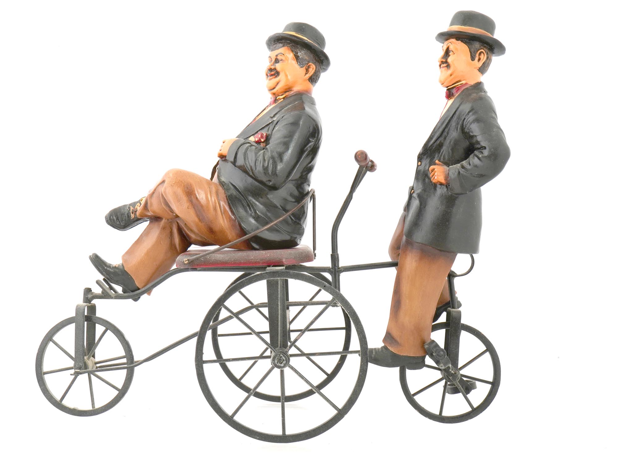 VINTAGE LAUREL AND HARDY FIGURINES ON A TANDEM BIKE PIC-1