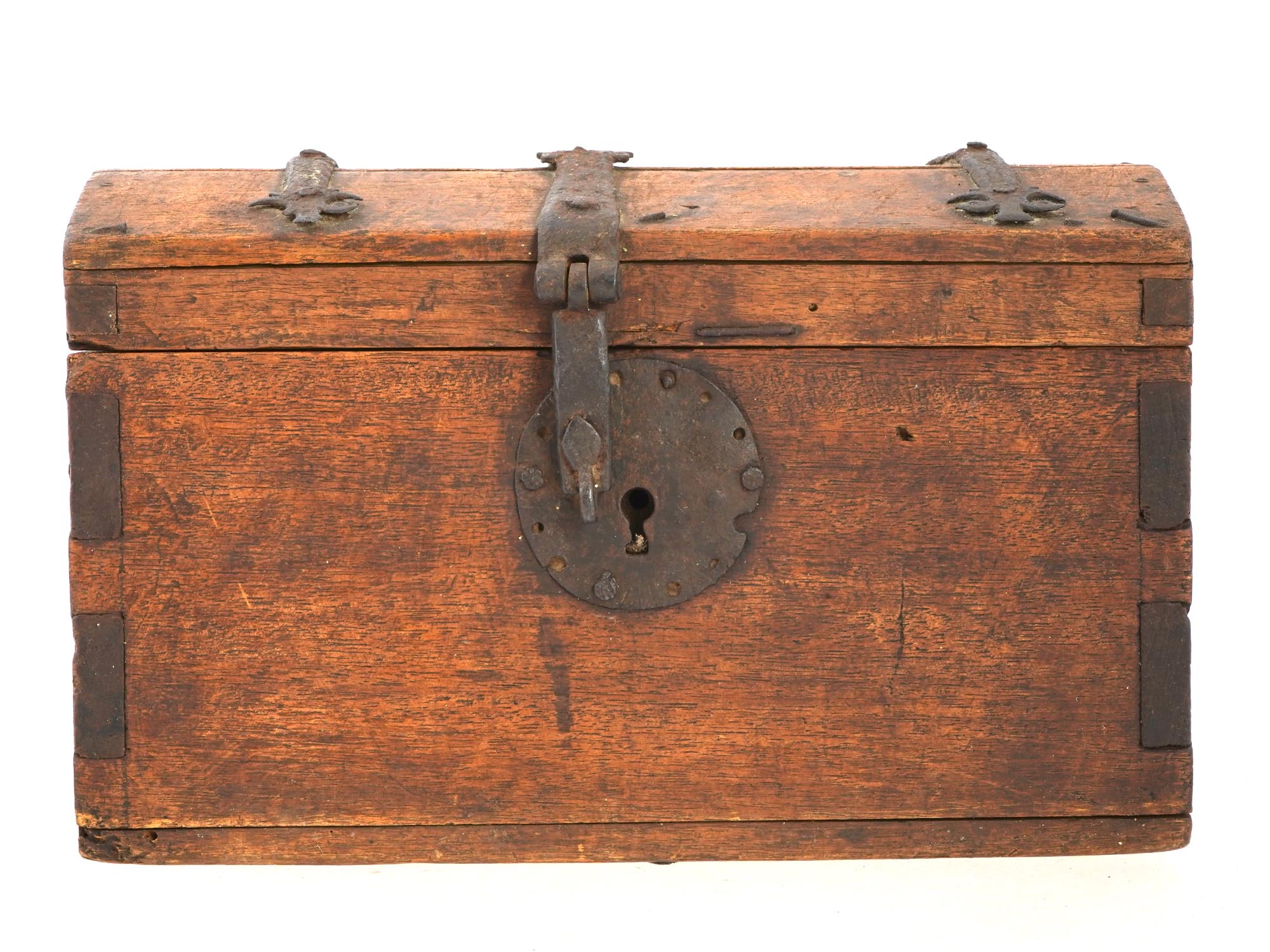 ANTIQUE WOODEN TRINKET BOX WITH FASTENINGS AND LOCK PIC-2