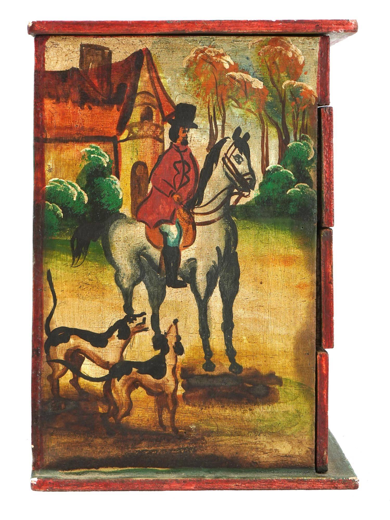 VINTAGE HAND PAINTED WOODEN BOX WITH HUNTING SCENES PIC-3