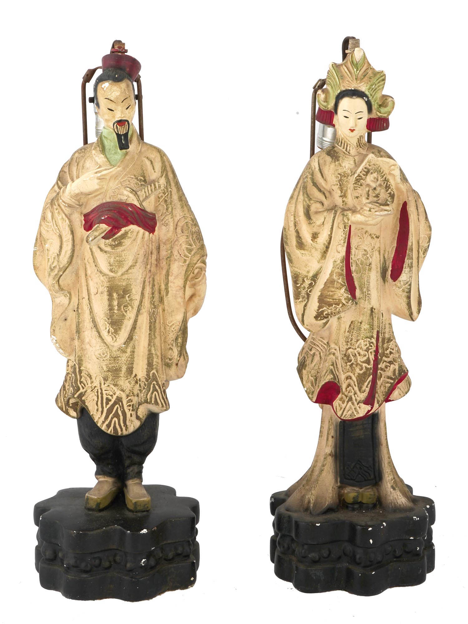 PAIR OF VINTAGE CHINESE CHALKWARE FIGURINE LAMPS PIC-1