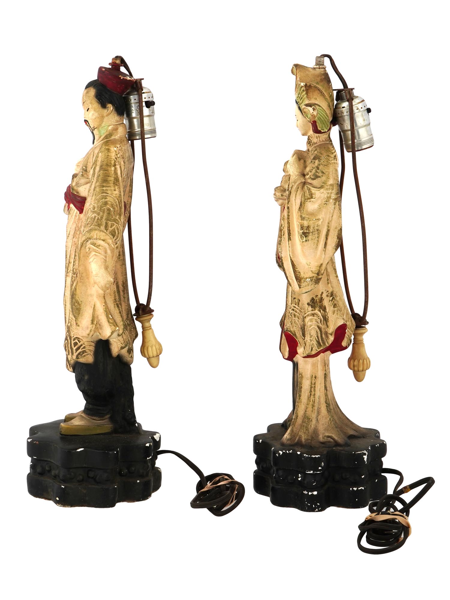 PAIR OF VINTAGE CHINESE CHALKWARE FIGURINE LAMPS PIC-2