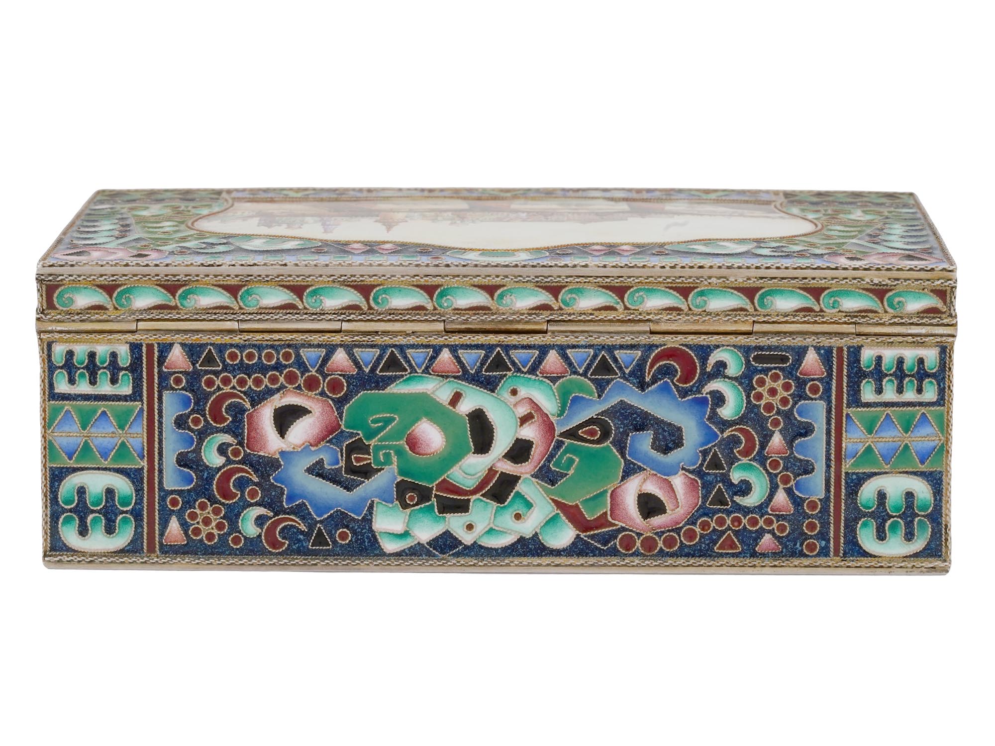 RUSSIAN GILT SILVER ENAMEL BOX WITH MOSCOW KREMLIN PIC-2