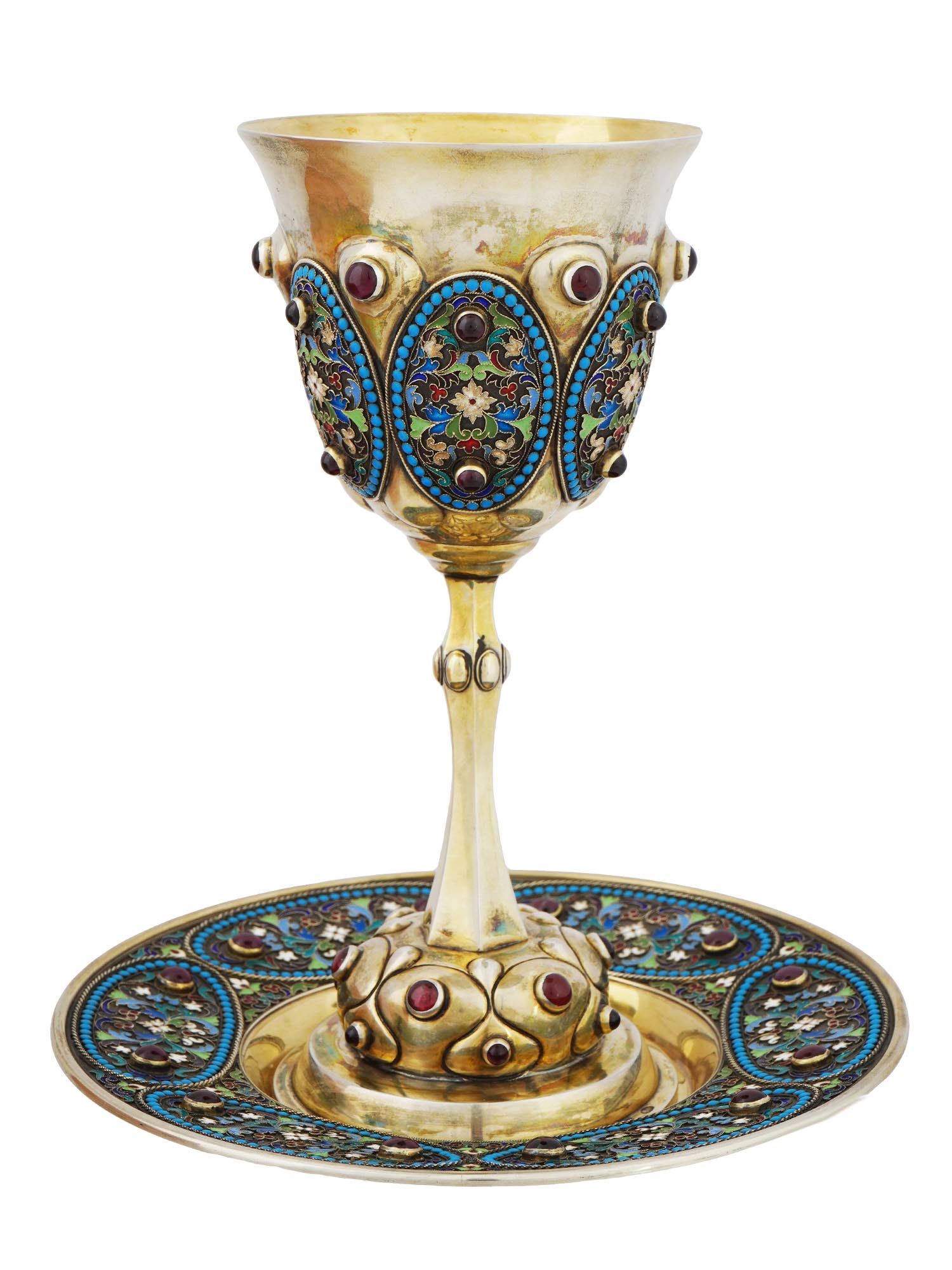 RUSSIAN SILVER ENAMEL KIDDUSH CUP AND DISH W GEMS PIC-2