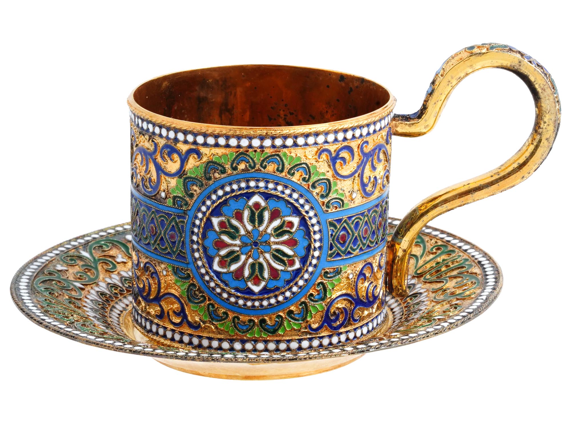 RUSSIAN GILT SILVER CLOISONNE ENAMEL CUP W SAUCER PIC-0