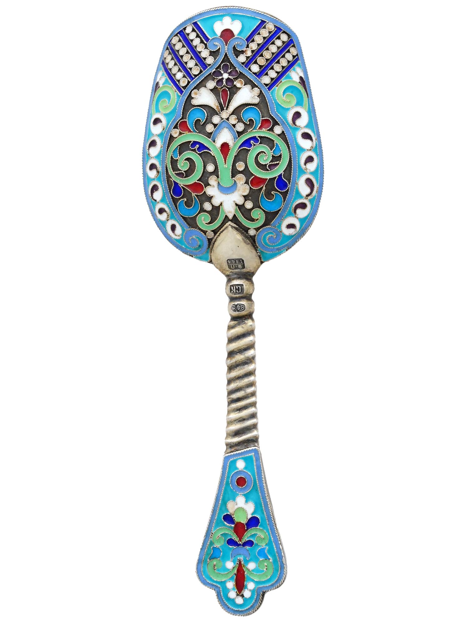 RUSSIAN 84 SILVER CLOISONNE ENAMEL SUGAR SPOON PIC-0