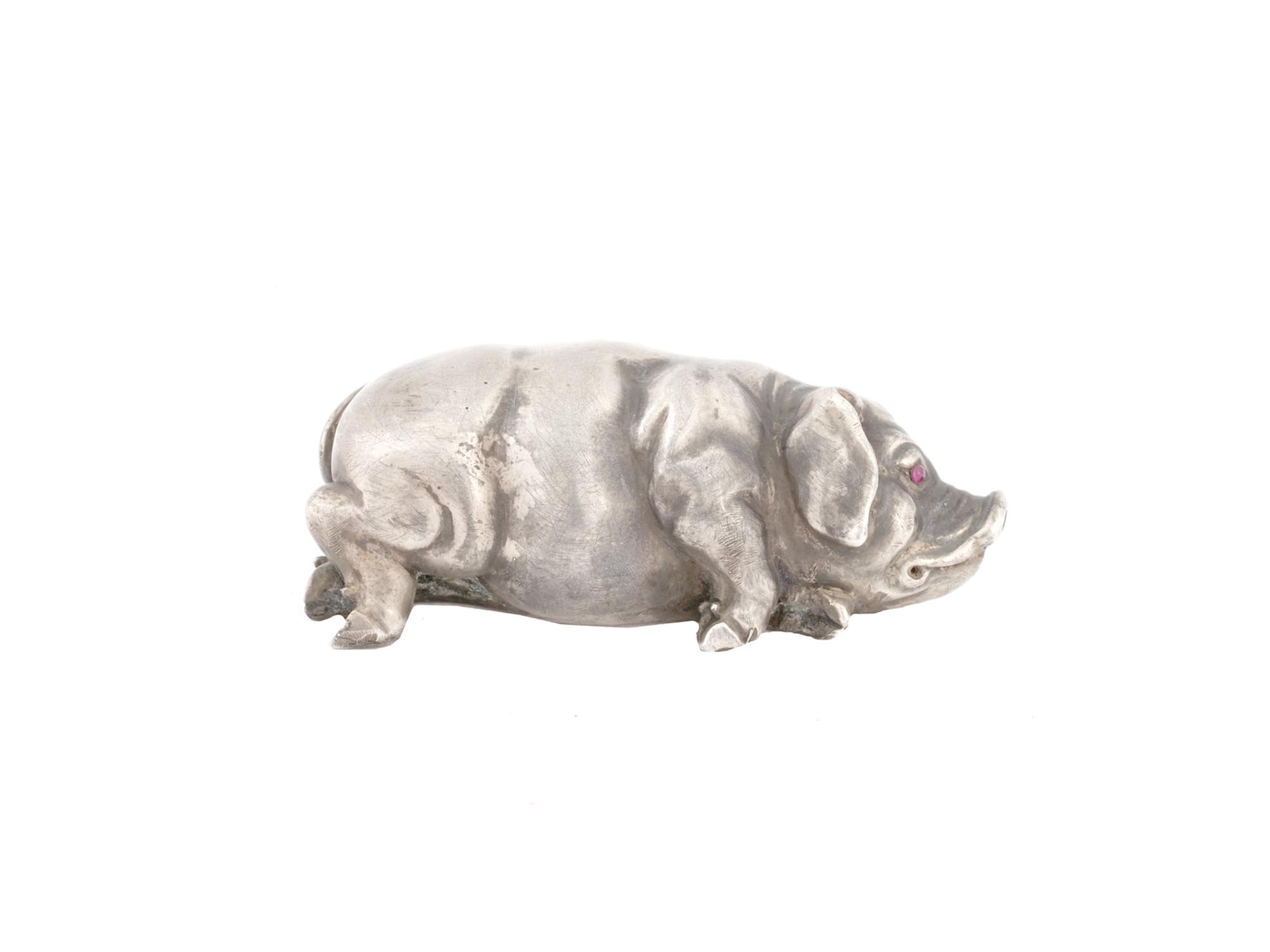 RUSSIAN SILVER FIGURE OF PIG WITH RUBY STONE EYES PIC-1