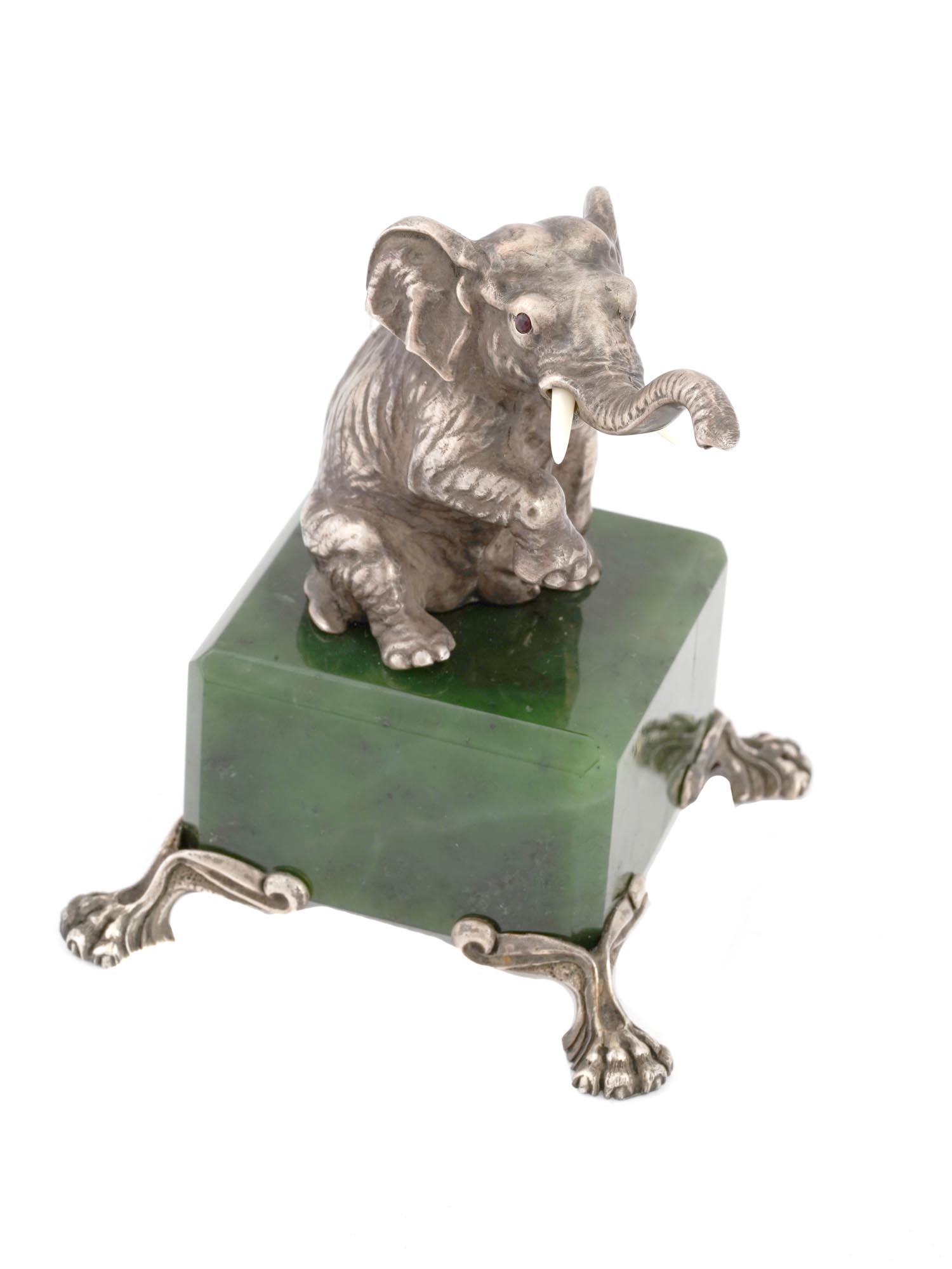 IMPERIAL RUSSIAN SILVER AND JADE ELEPHANT FIGURE PIC-0