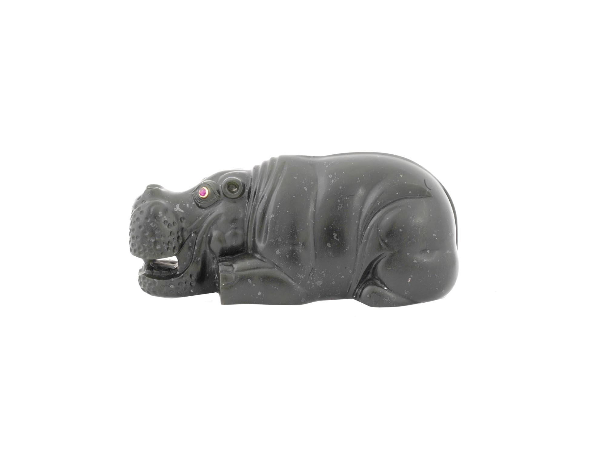 RUSSIAN CARVED BLACK JADE RUBY FIGURE OF A HIPPO PIC-3