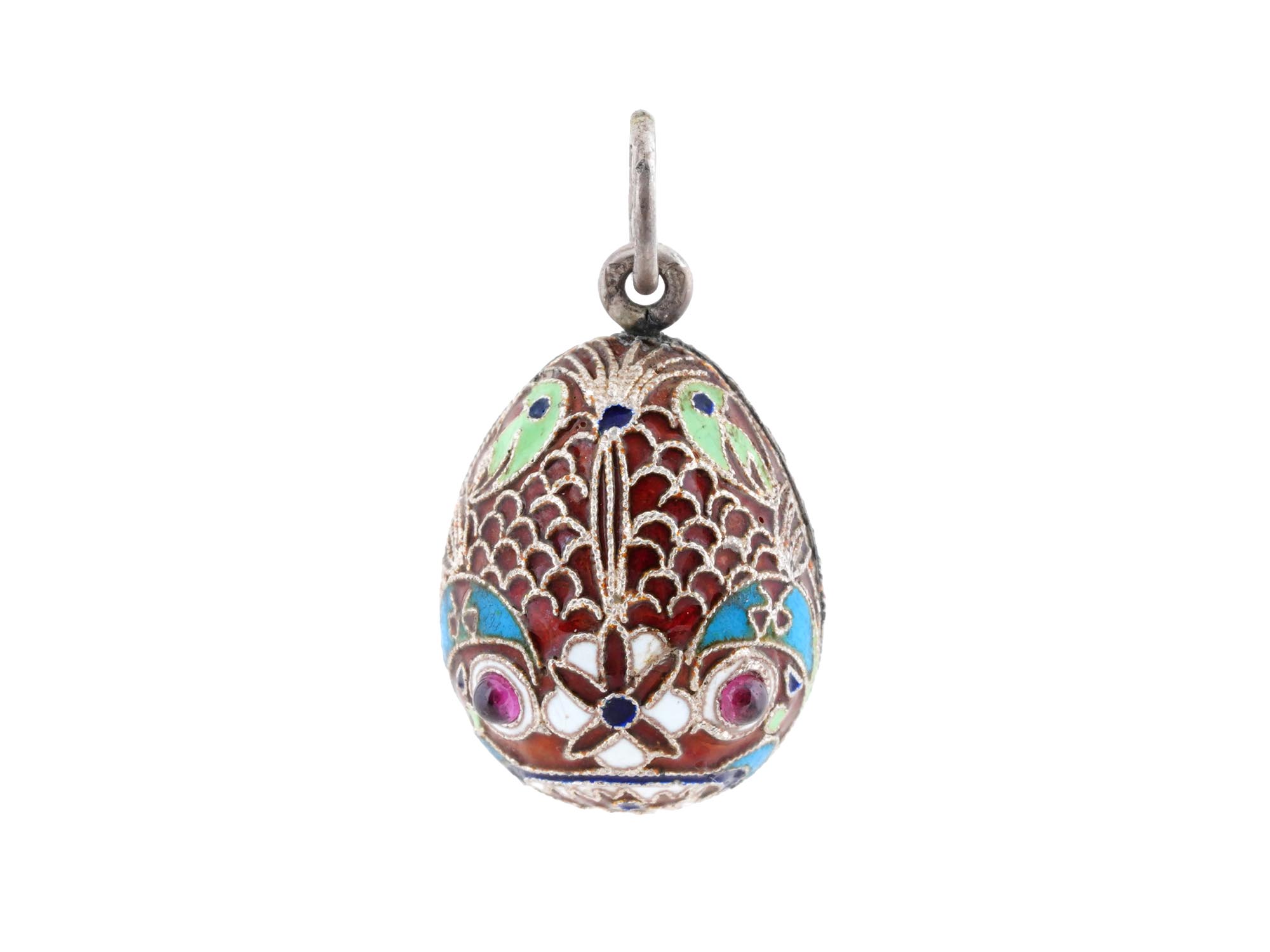 RUSSIAN SILVER CLOISONNE ENAMEL EGG PENDANT W GEMSTONES PIC-0