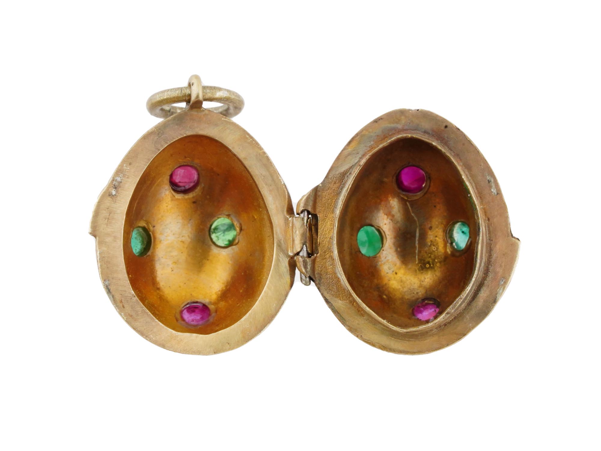 RUSSIAN GILT SILVER JADE RUBY EGG LOCKET PENDANT PIC-3