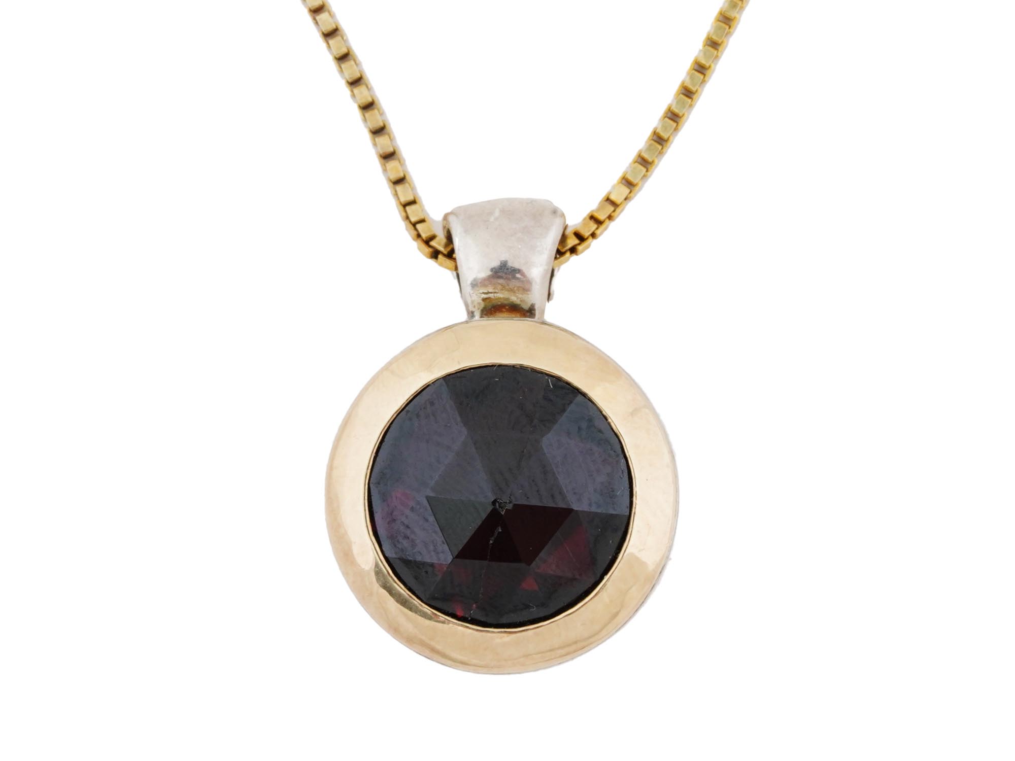 ITALIAN 18K GOLD 925 SILVER NECKLACE W GARNET PENDANT PIC-1