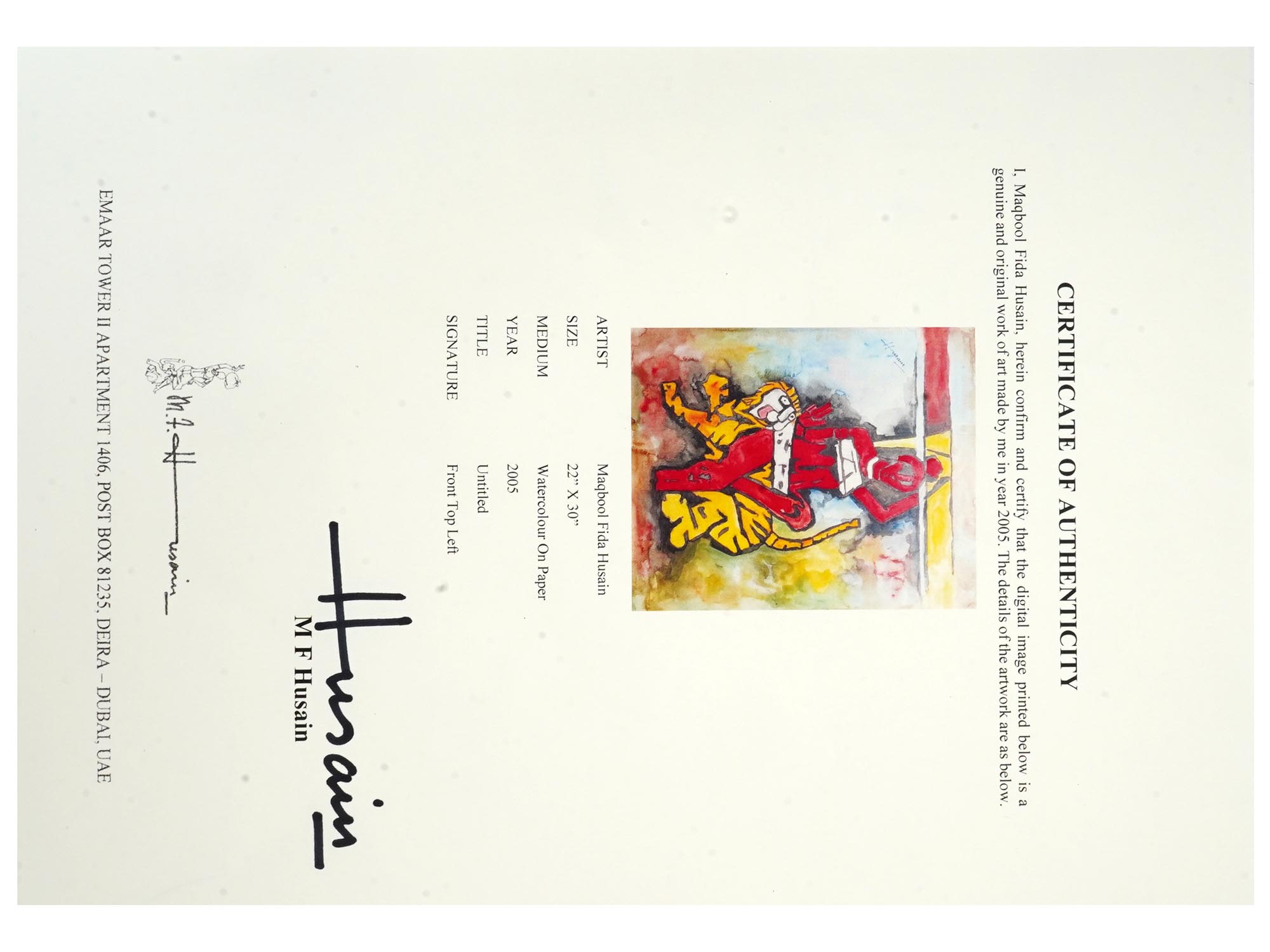 INDIAN WATERCOLOR PAINTING ATTR MF HUSAIN W COA PIC-4