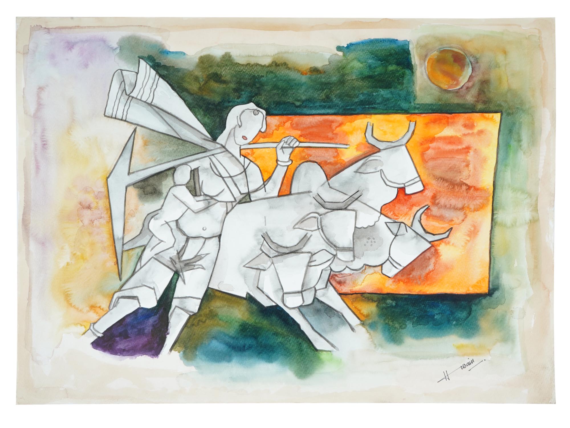 INDIAN WATERCOLOR PAINTING AFTER MF HUSAIN PIC-0