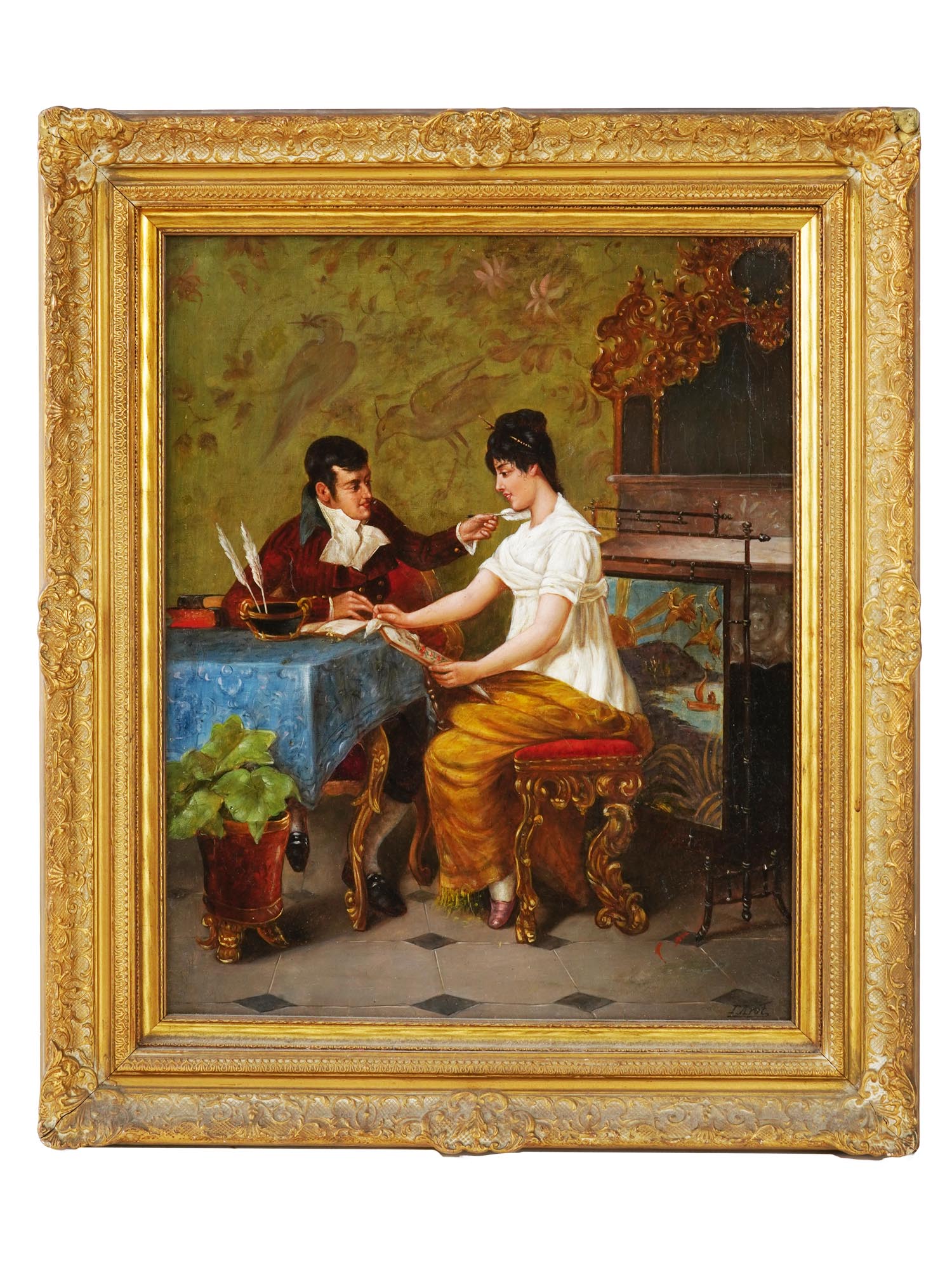 ANTIQUE OIL PAINTING COUPLE SIGNED BY THE ARTIST PIC-0