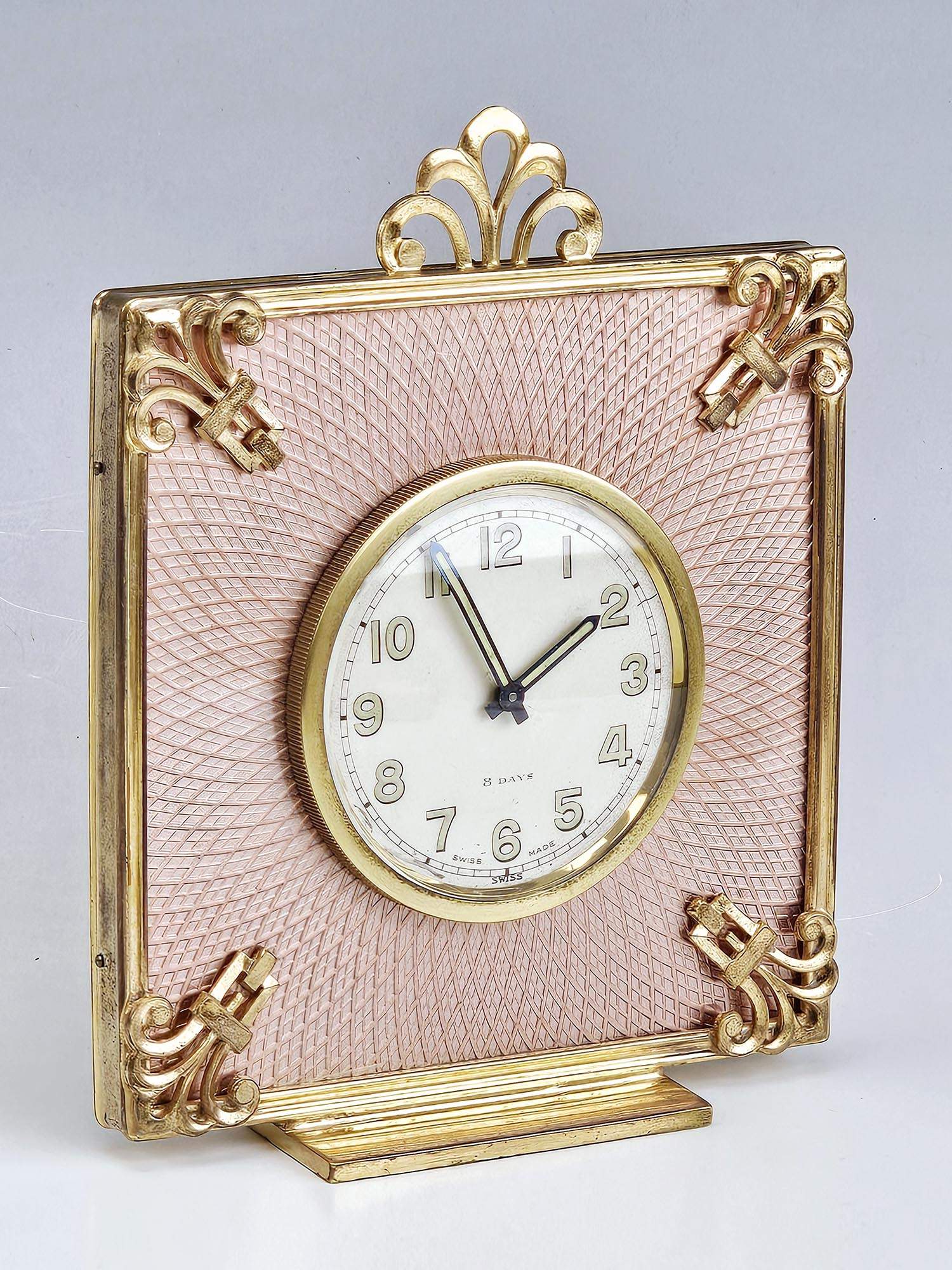 SWISS GILT BRONZE AND GOULOCHE ENAMEL DESK CLOCK PIC-1