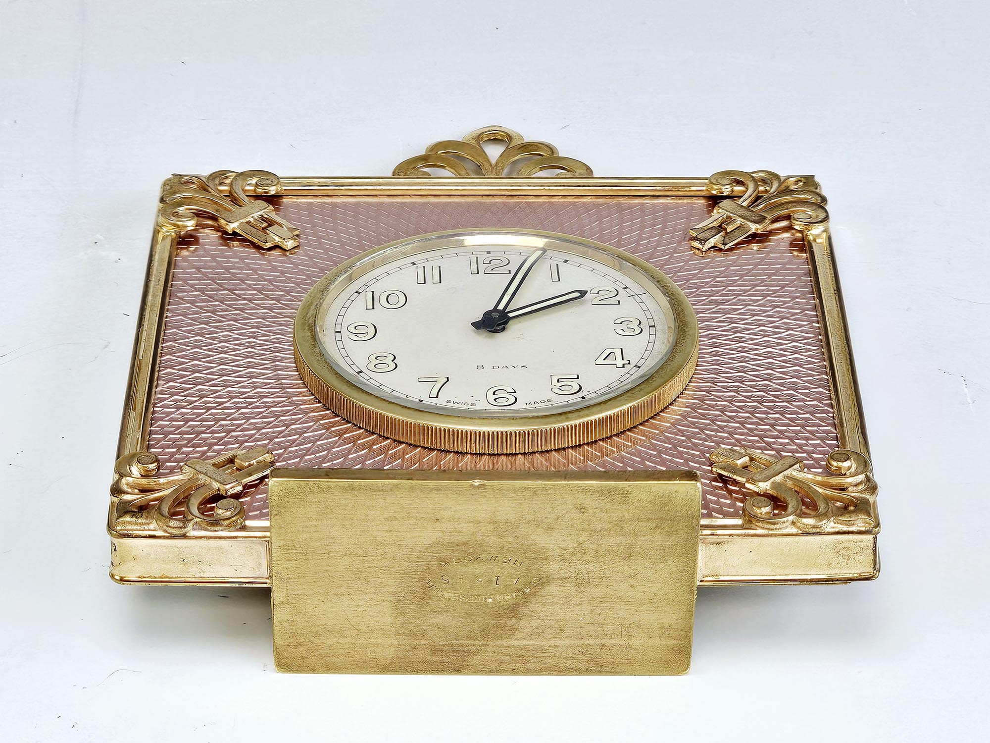 SWISS GILT BRONZE AND GOULOCHE ENAMEL DESK CLOCK PIC-3