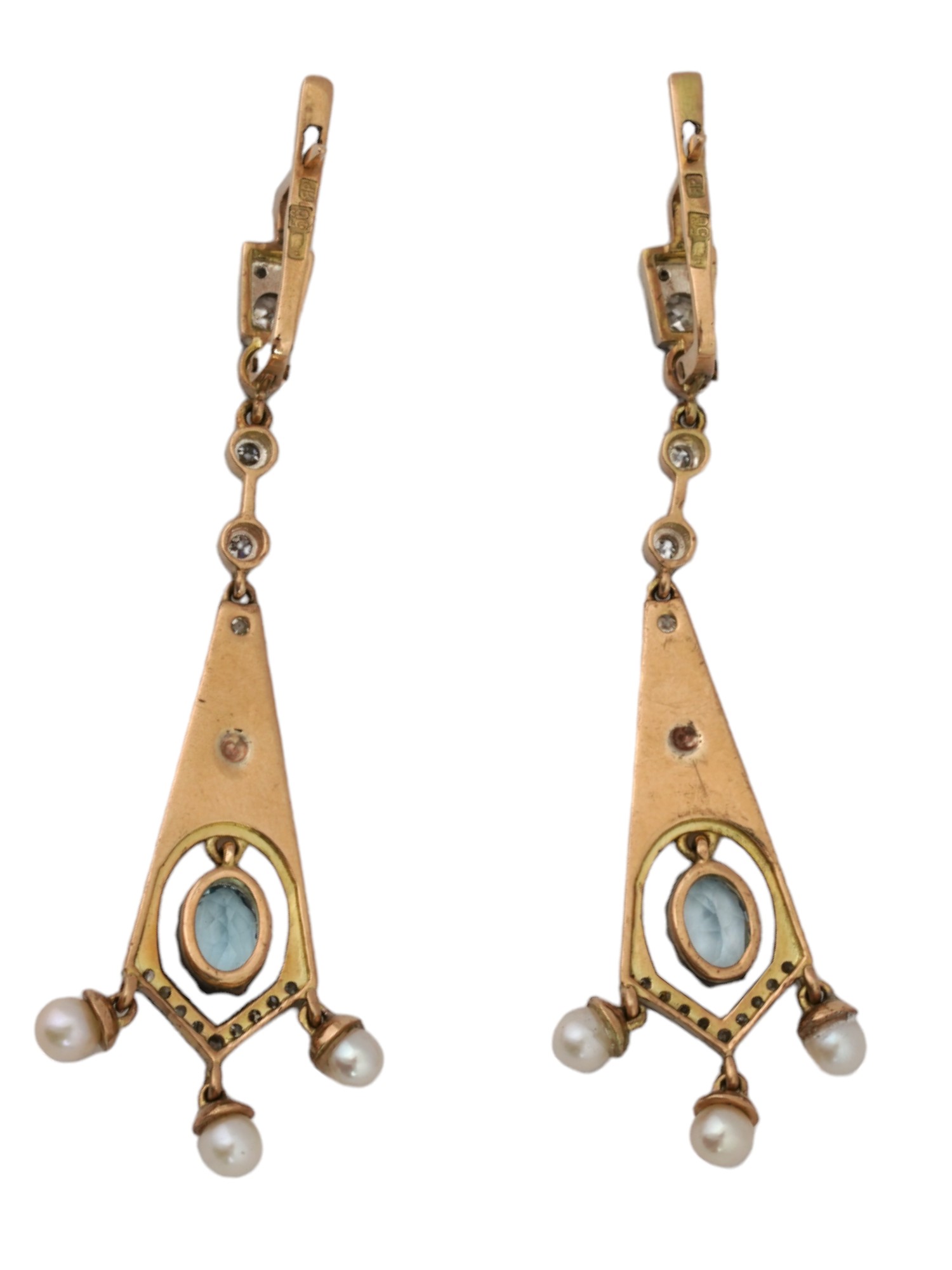 RUSSIAN GOLD ENAMEL DIAMOND SAPPHIRE PEARL EARRINGS PIC-2