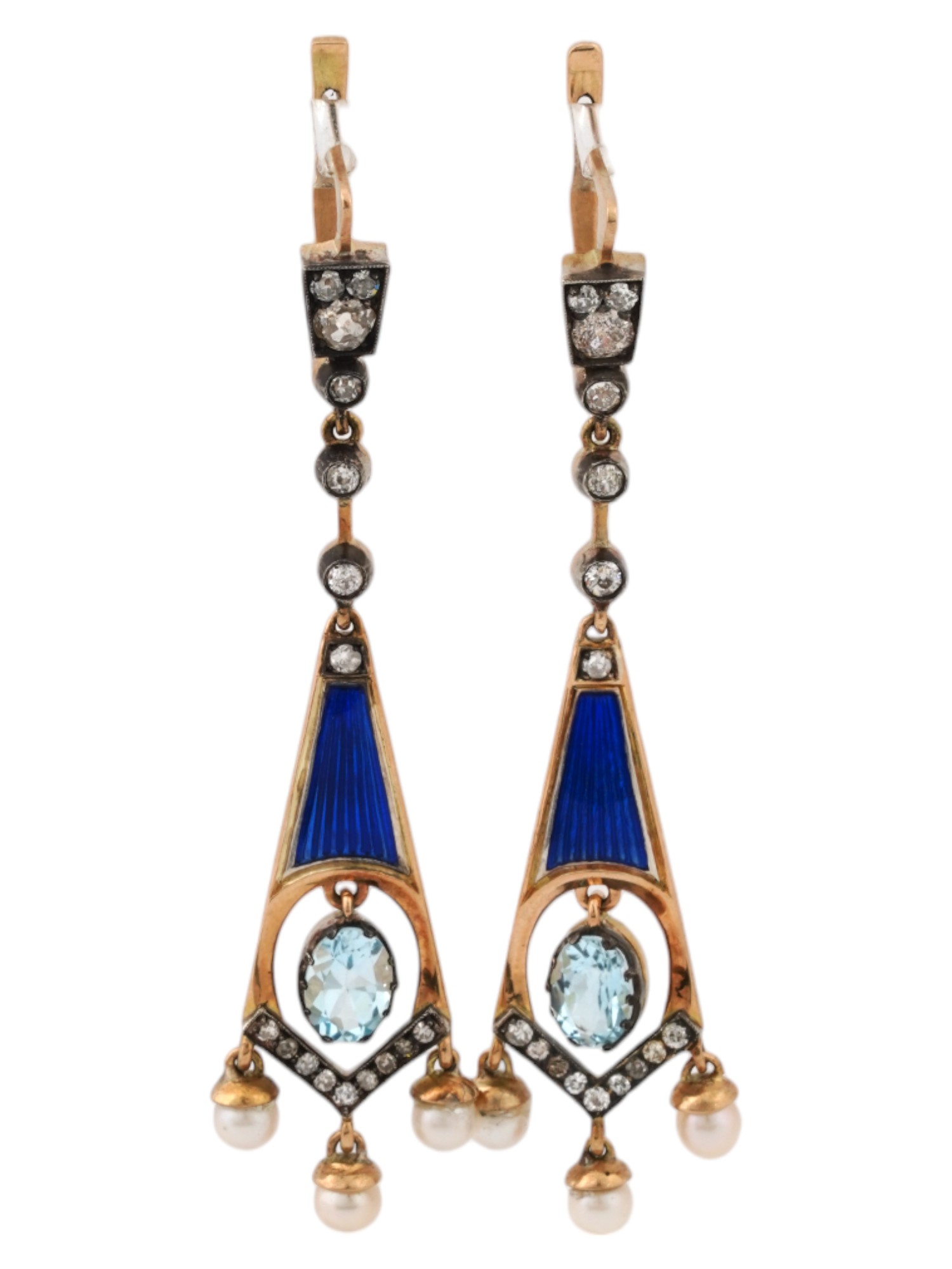 RUSSIAN GOLD ENAMEL DIAMOND SAPPHIRE PEARL EARRINGS PIC-0