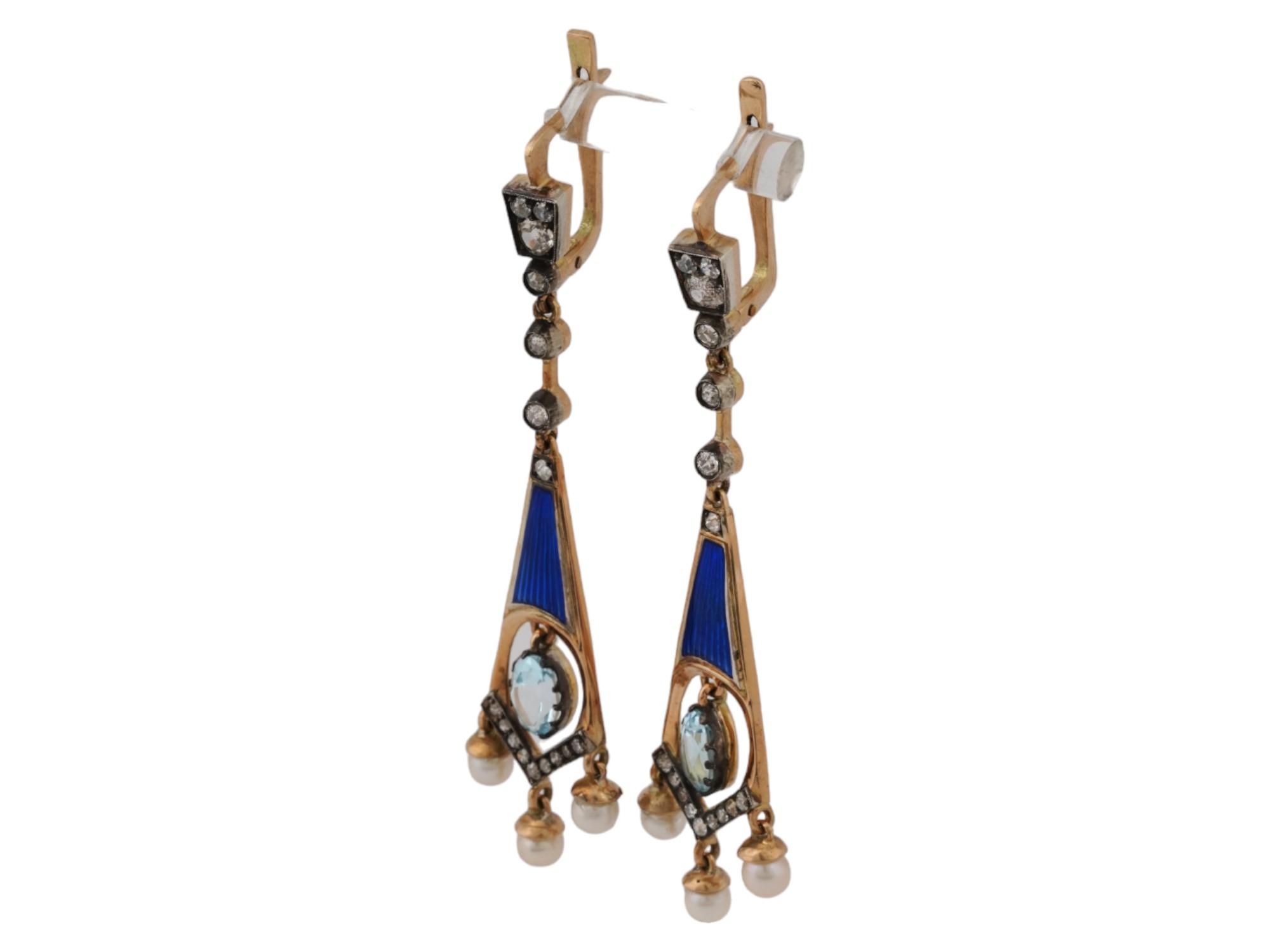 RUSSIAN GOLD ENAMEL DIAMOND SAPPHIRE PEARL EARRINGS PIC-1