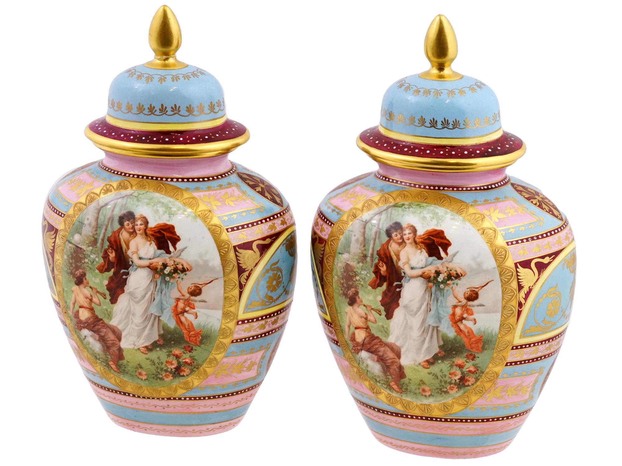 ROYAL VIENNA MANNER COVERED PORCELAIN URN VASES PIC-0