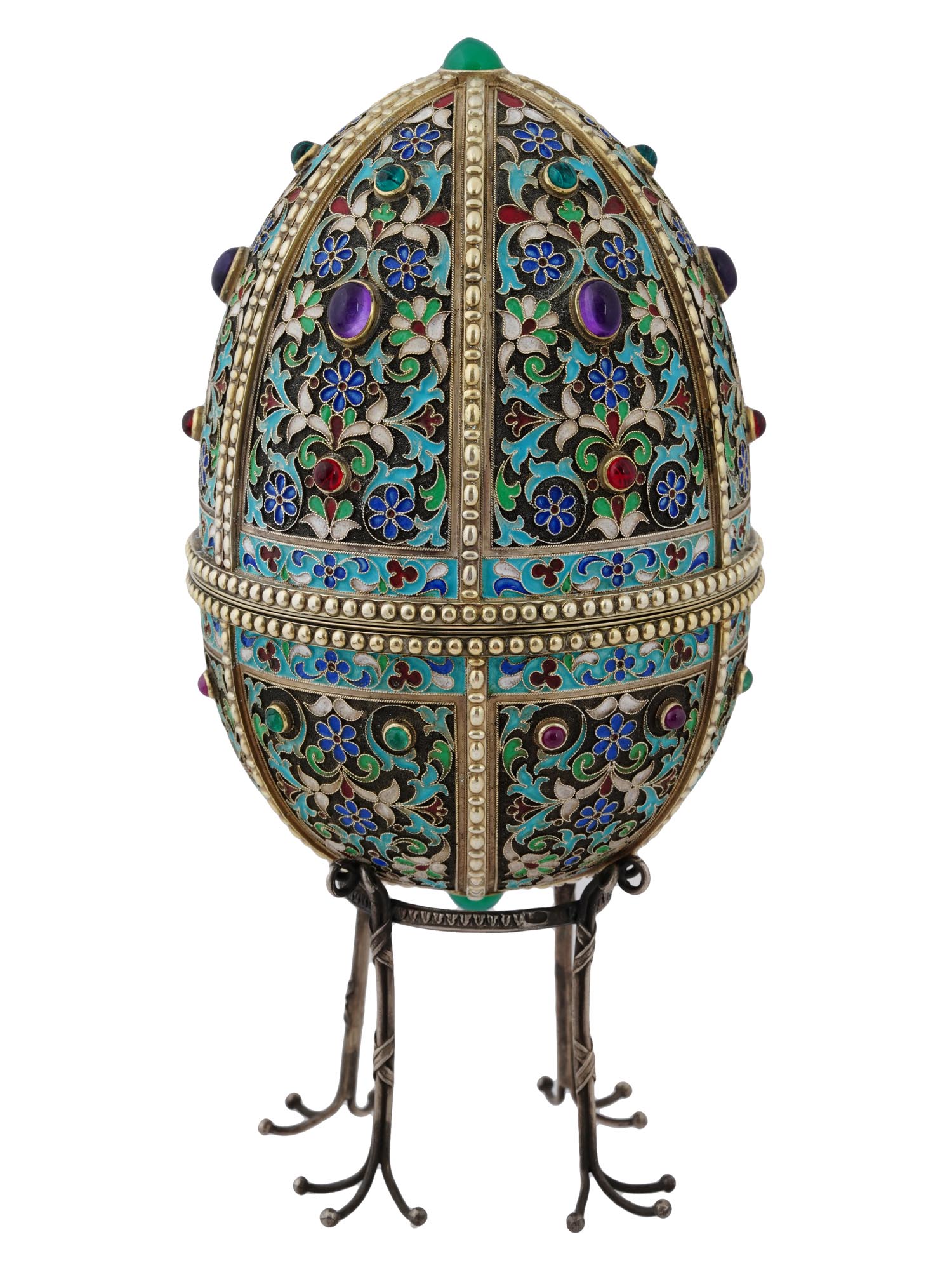 LARGE RUSSIAN SILVER ENAMEL EGG W GEMSTONES ON STAND PIC-1