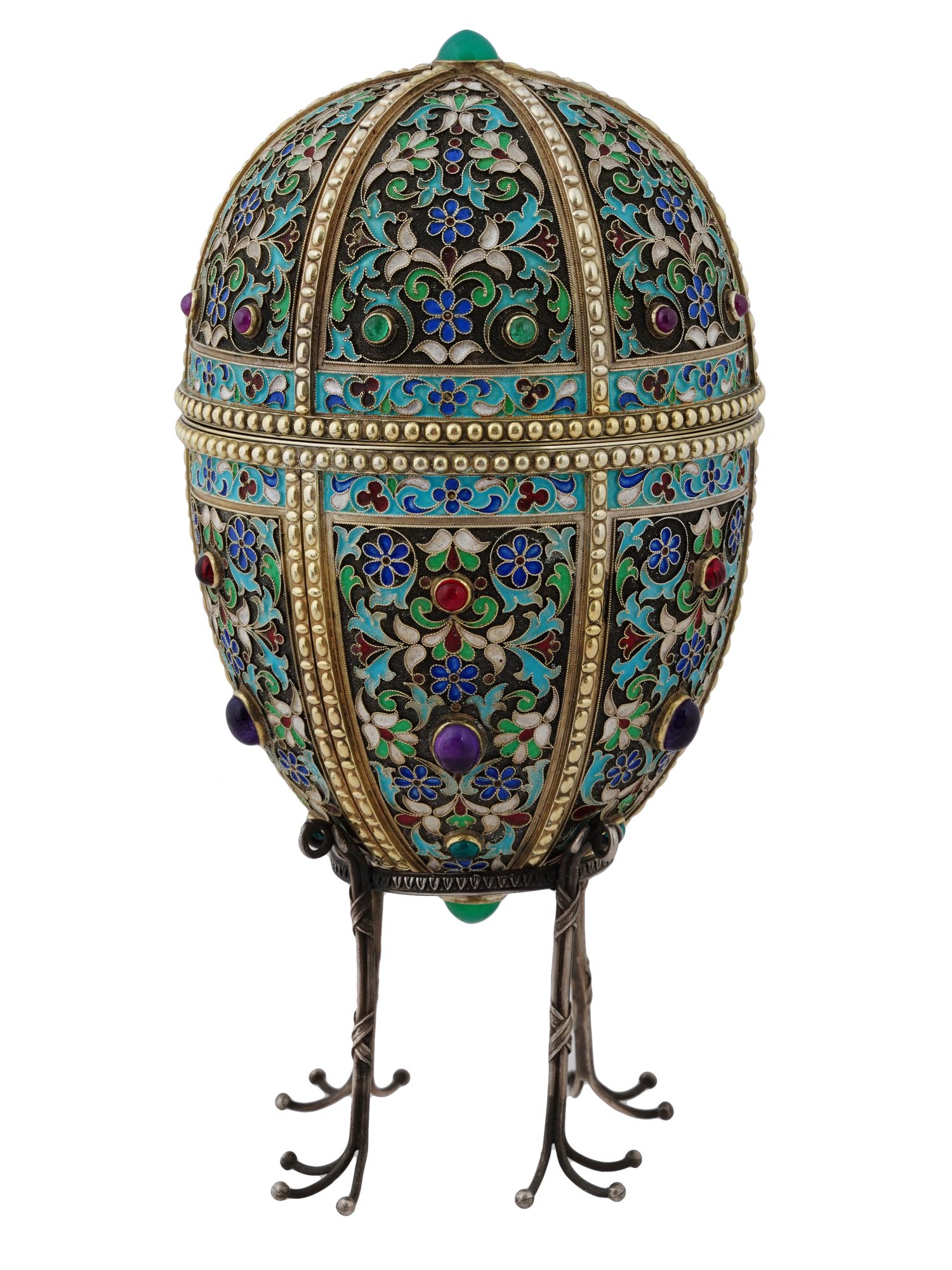 LARGE RUSSIAN SILVER ENAMEL EGG W GEMSTONES ON STAND PIC-3