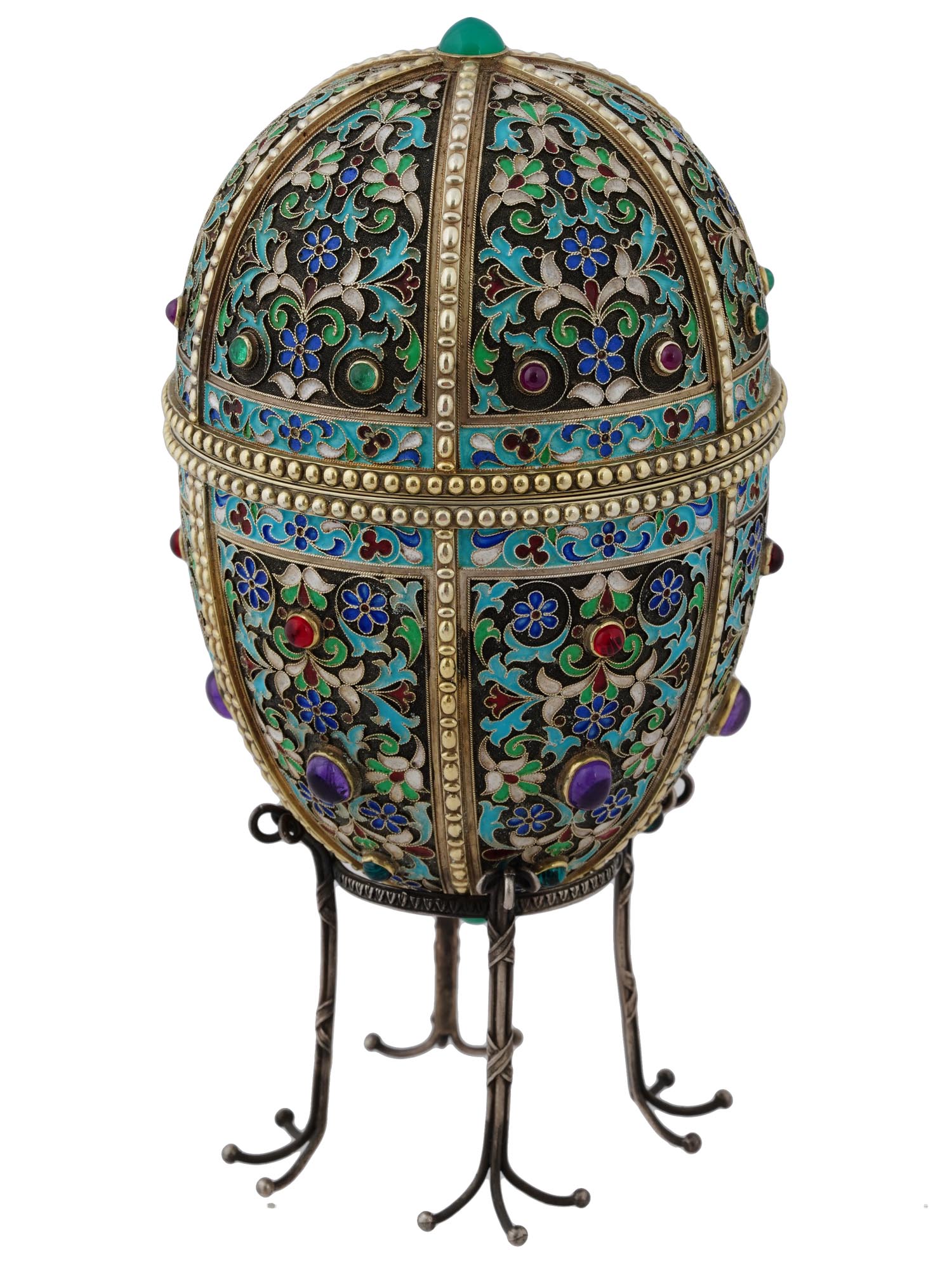 LARGE RUSSIAN SILVER ENAMEL EGG W GEMSTONES ON STAND PIC-2