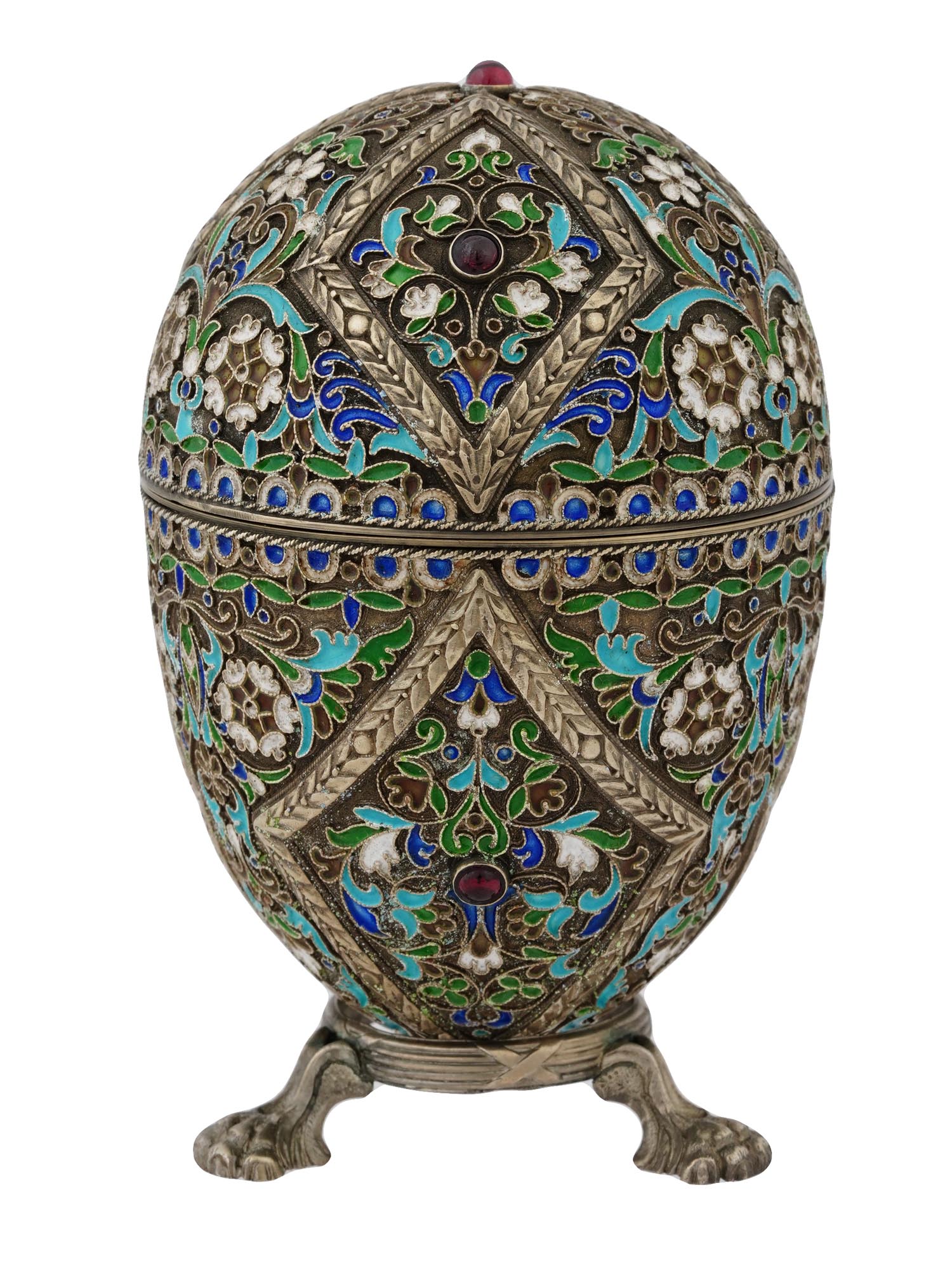 LARGE RUSSIAN 88 SILVER ENAMEL EGG BOX ON STAND PIC-2