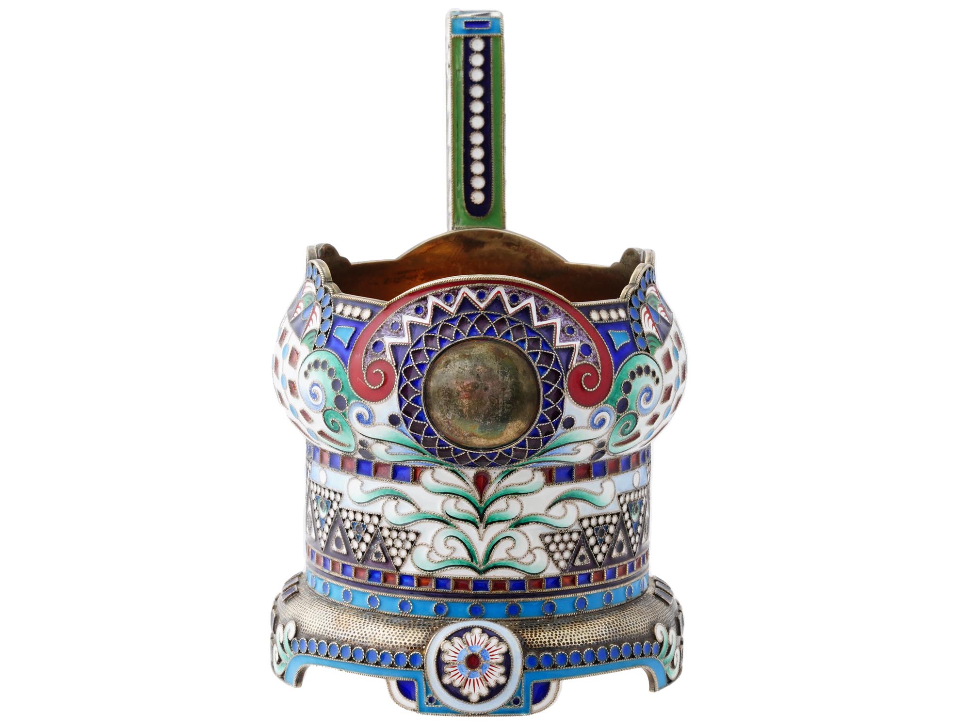 RUSSIAN 88 SILVER ENAMEL KOVSH FORM GLASS HOLDER PIC-1