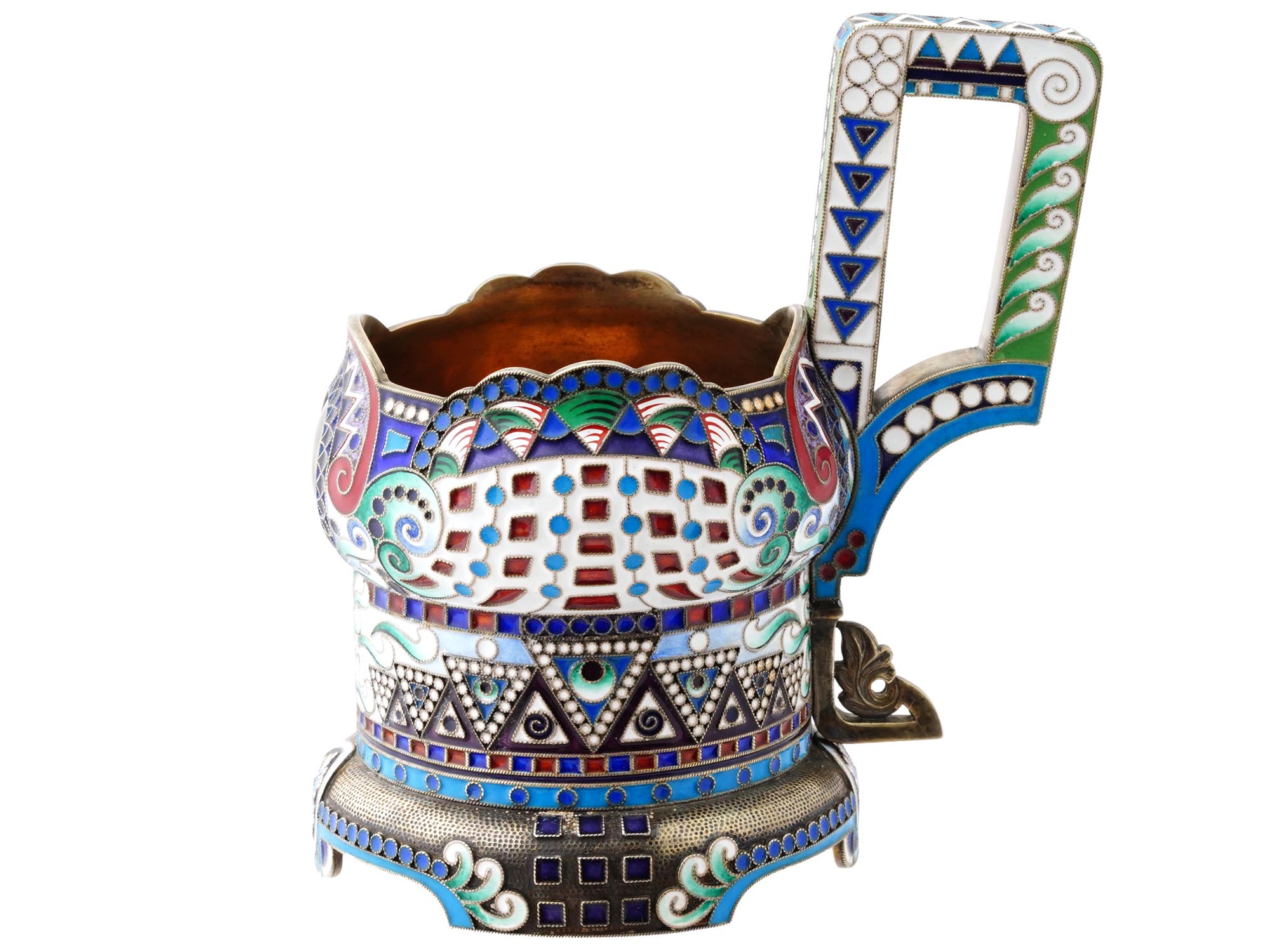 RUSSIAN 88 SILVER ENAMEL KOVSH FORM GLASS HOLDER PIC-0