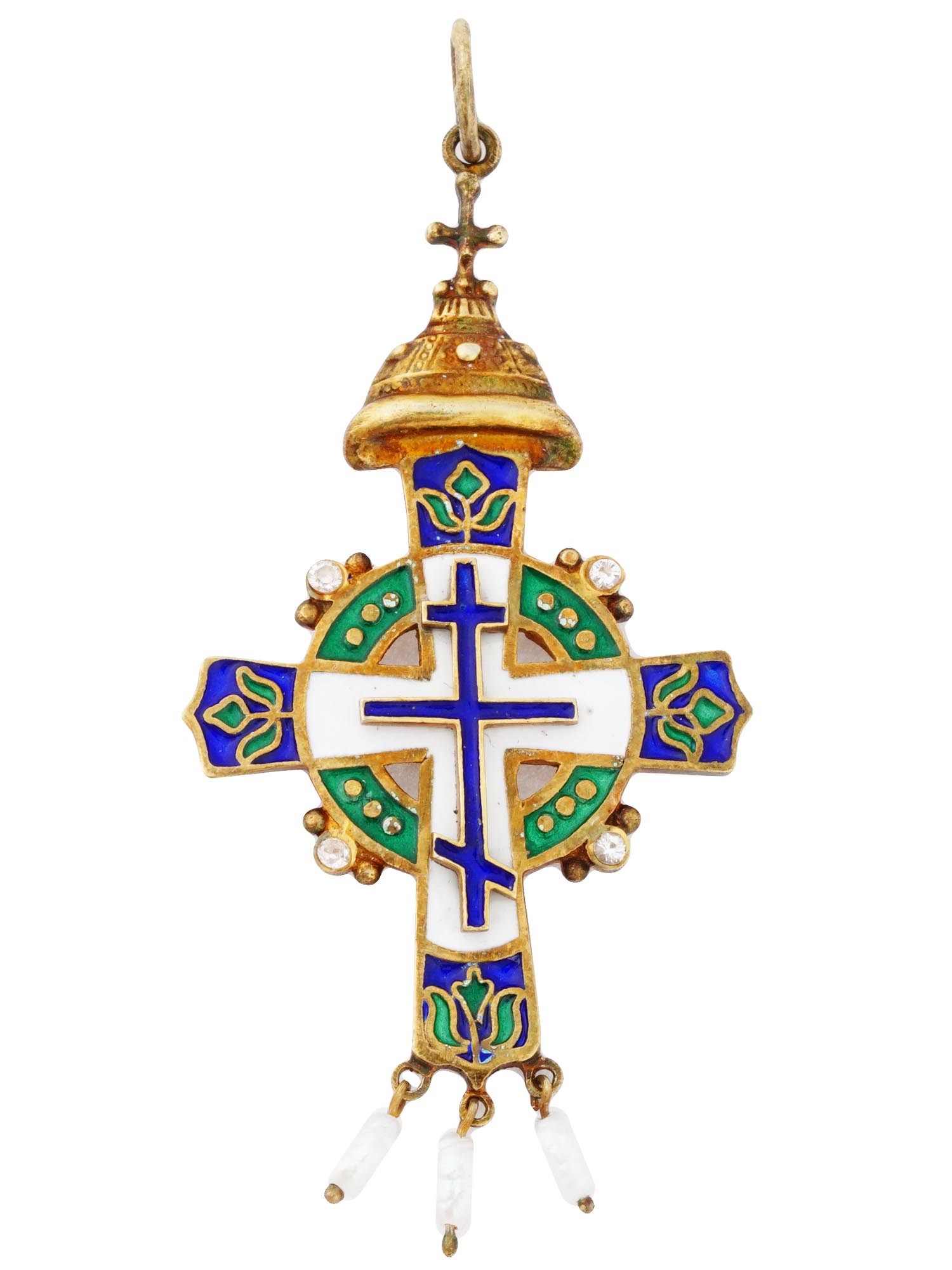 RUSSIAN SILVER ENAMEL CROSS PENDANT WITH PEARLS PIC-0