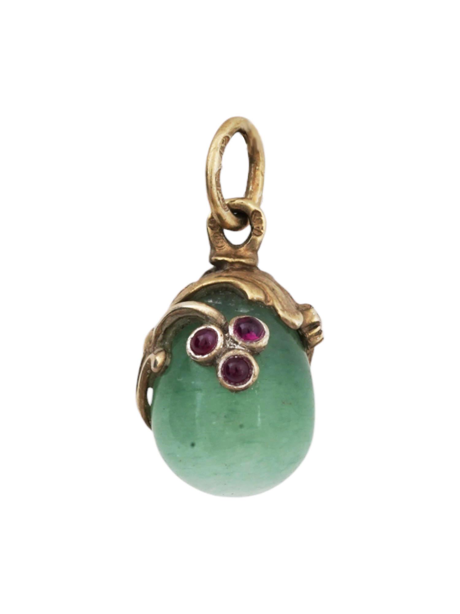 RUSSIAN GILT SILVER JADE RUBY DIAMOND EGG PENDANT PIC-0