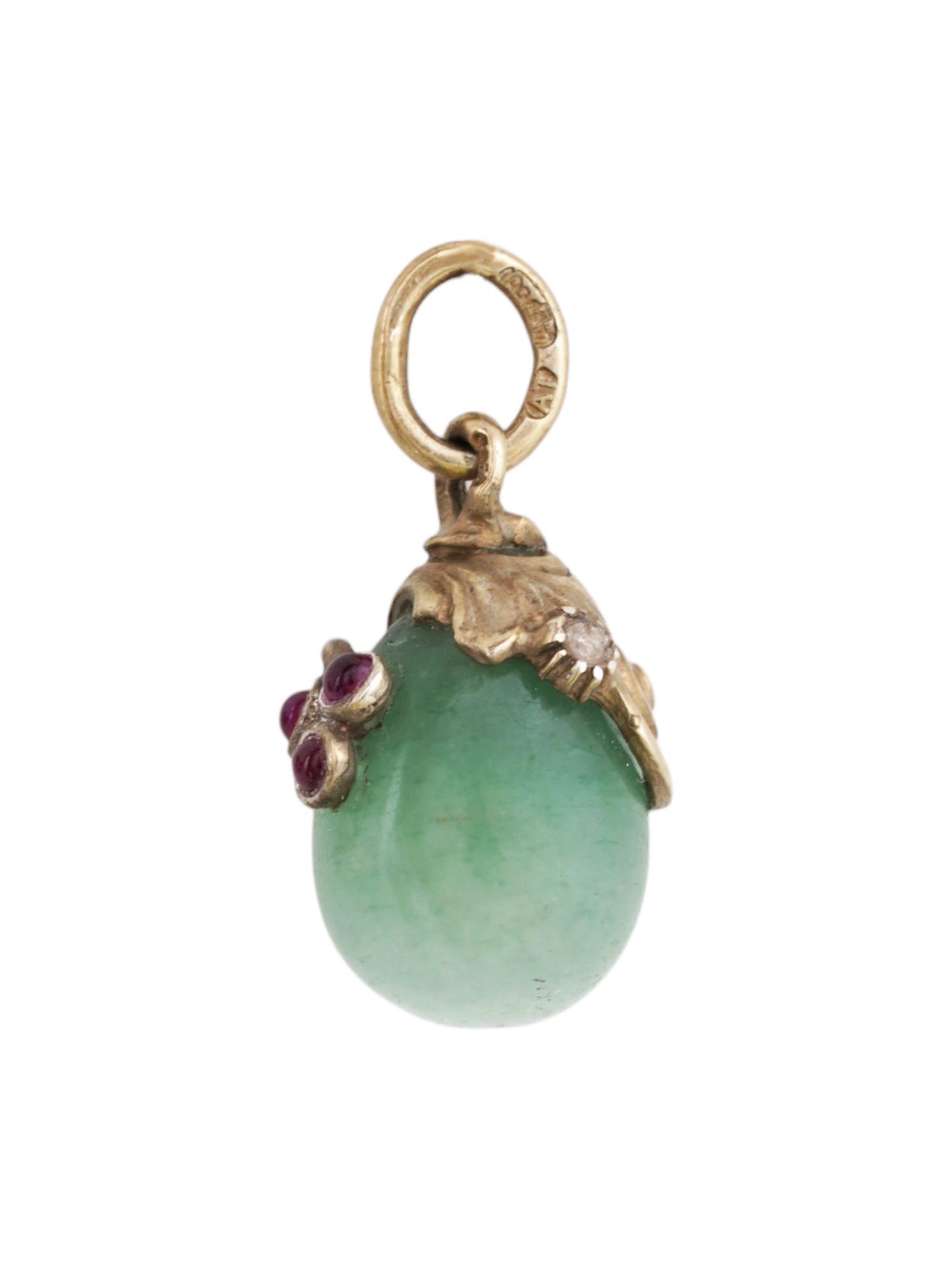 RUSSIAN GILT SILVER JADE RUBY DIAMOND EGG PENDANT PIC-5