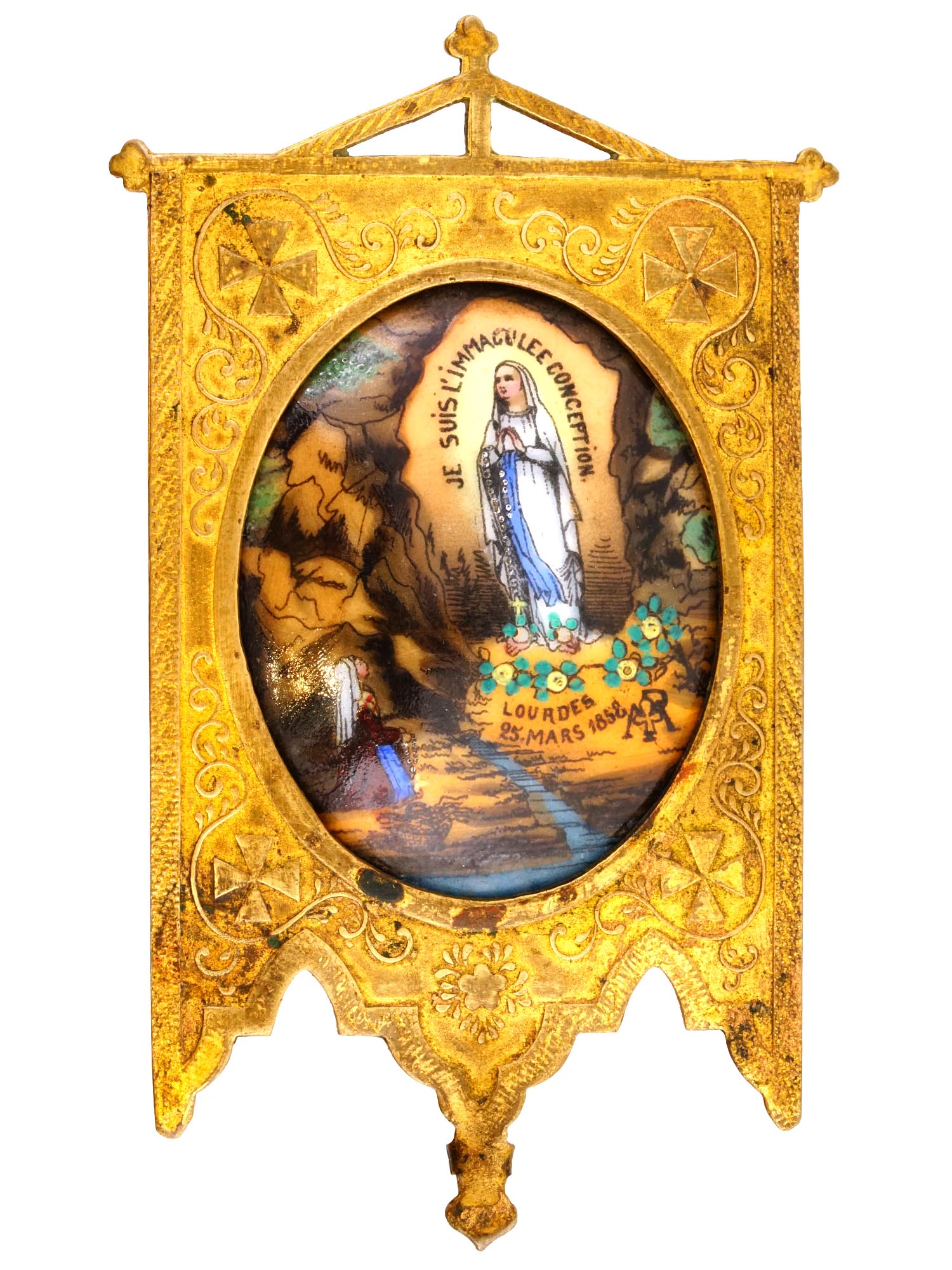 RARE ANTIQUE PENNANT W OUR LADY OF LOURDES PAINTING PIC-8