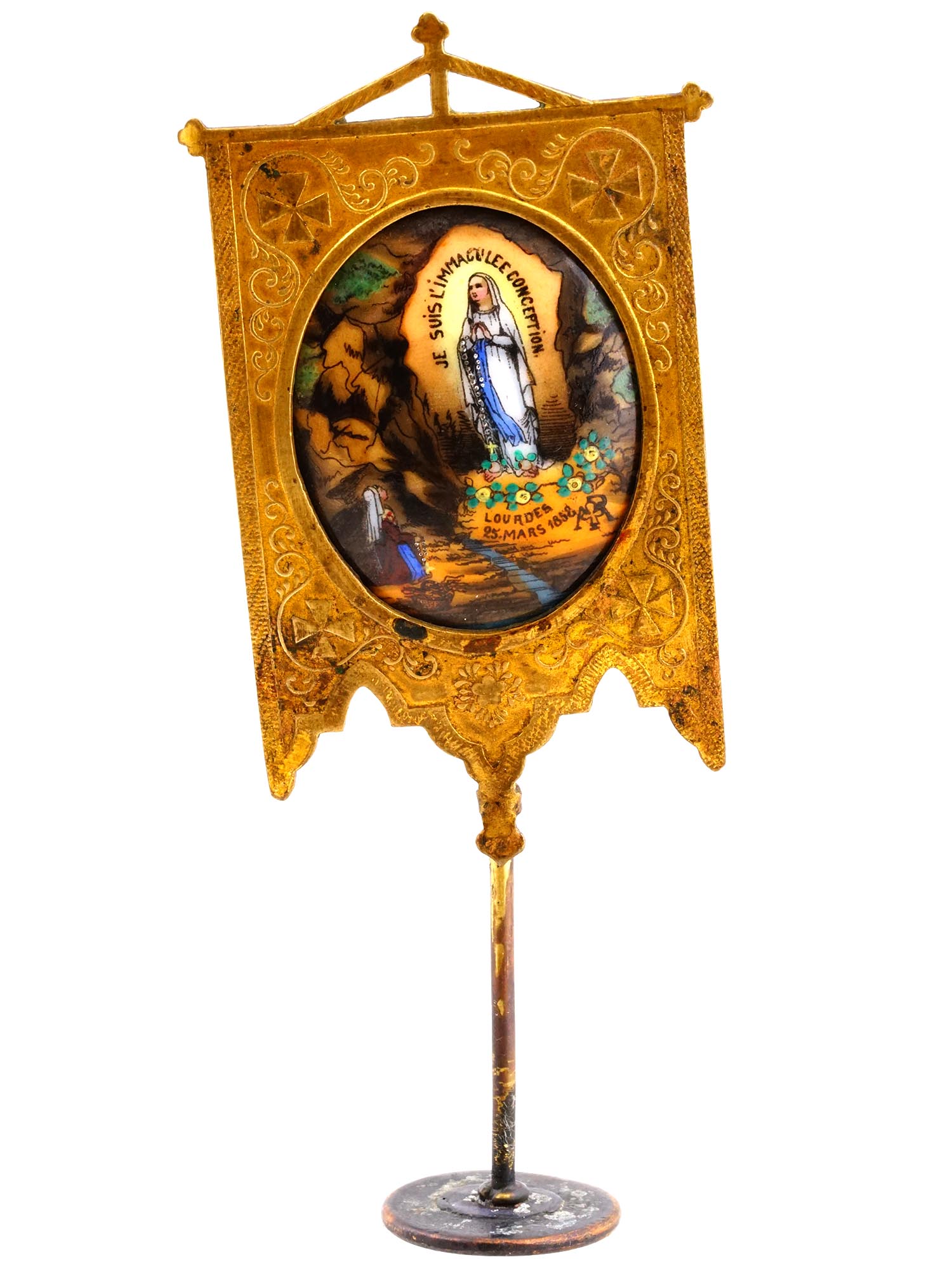 RARE ANTIQUE PENNANT W OUR LADY OF LOURDES PAINTING PIC-0