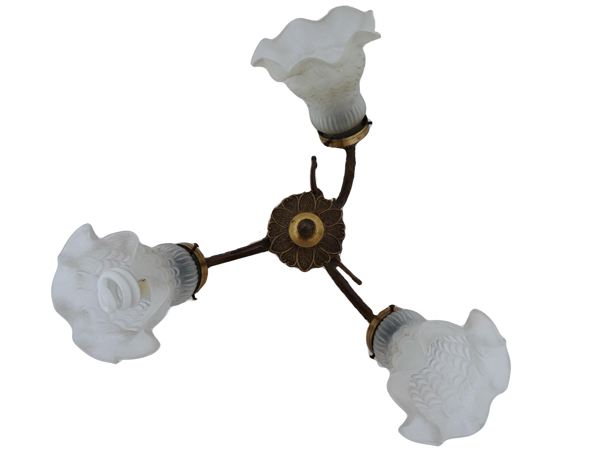 VINTAGE GILT BRASS AND FROSTED GLASS CEILING LIGHT PIC-2