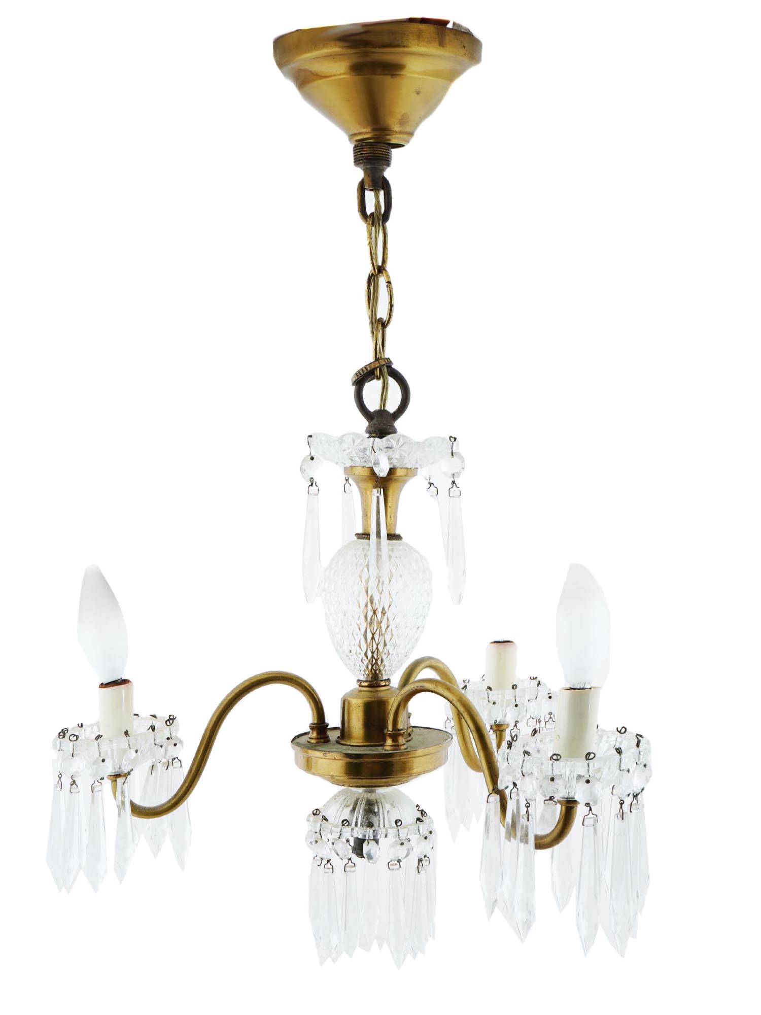 VINTAGE GILT BRASS AND LEAD CRYSTAL CHANDELIER PIC-0