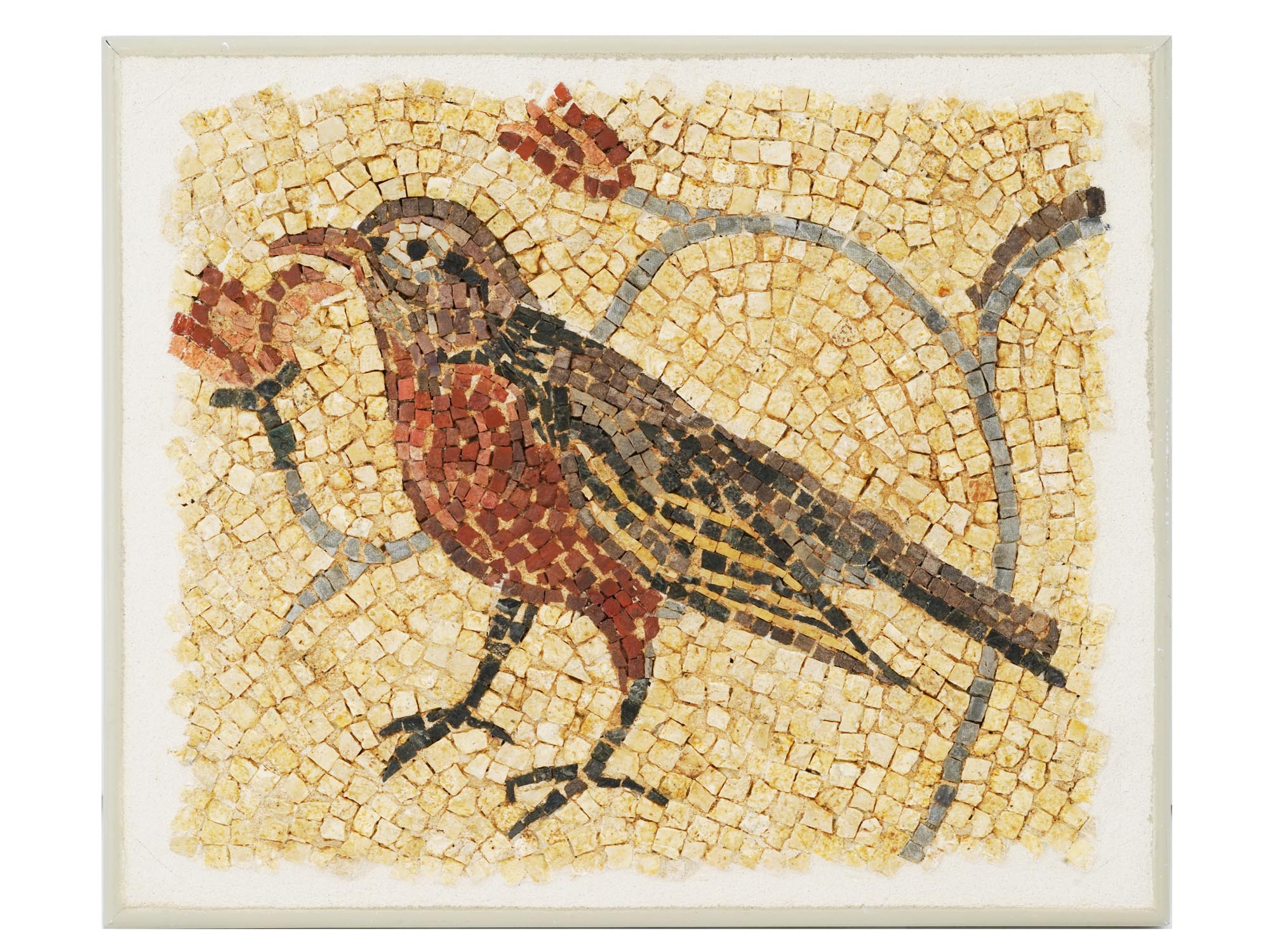 ANCIENT EARLY ROMAN MOSAIC BIRD WITH FLOWERS PIC-0