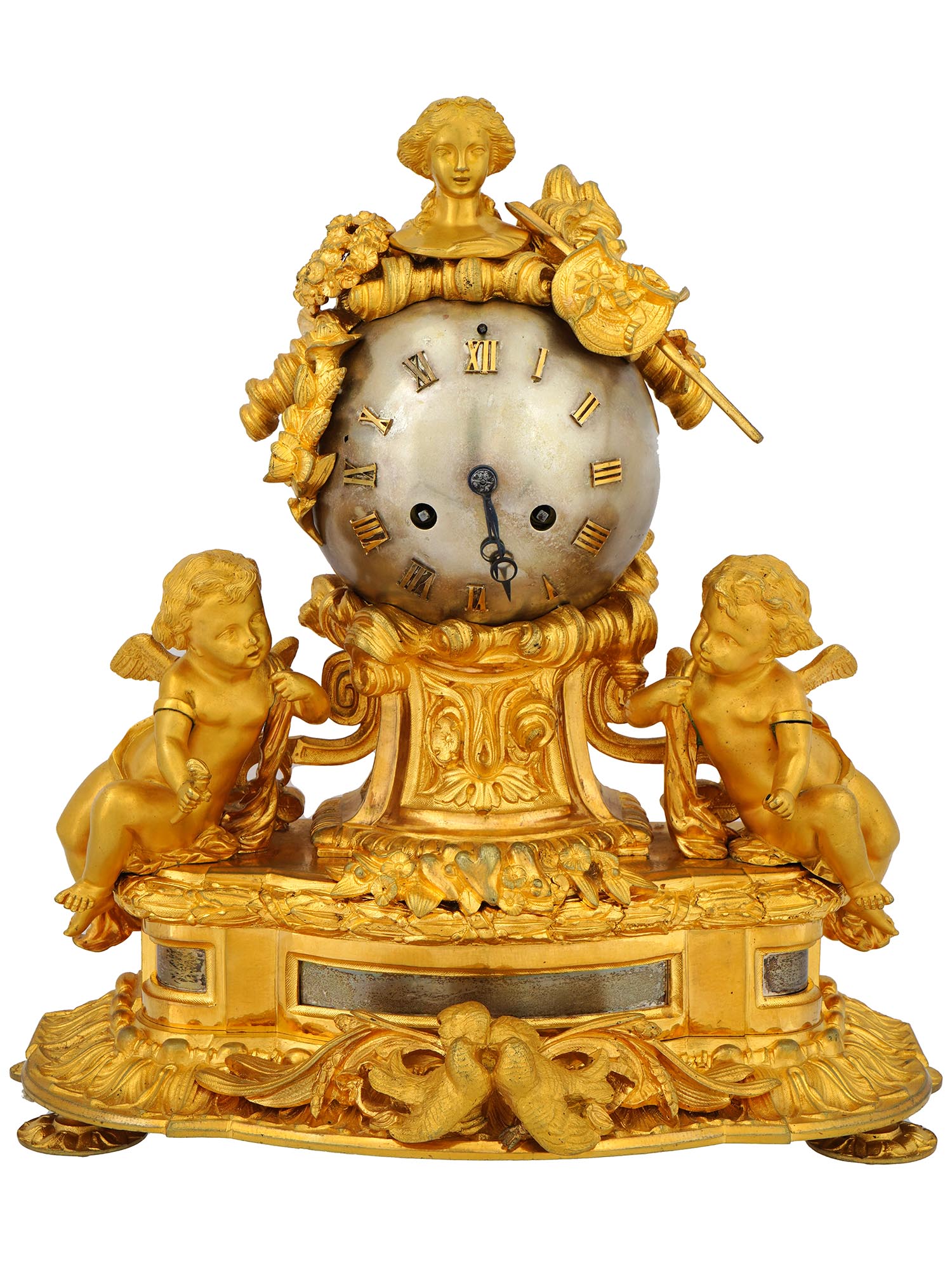 ANTIQUE 19TH C FRENCH GILT BRONZE MANTEL CLOCK PIC-0